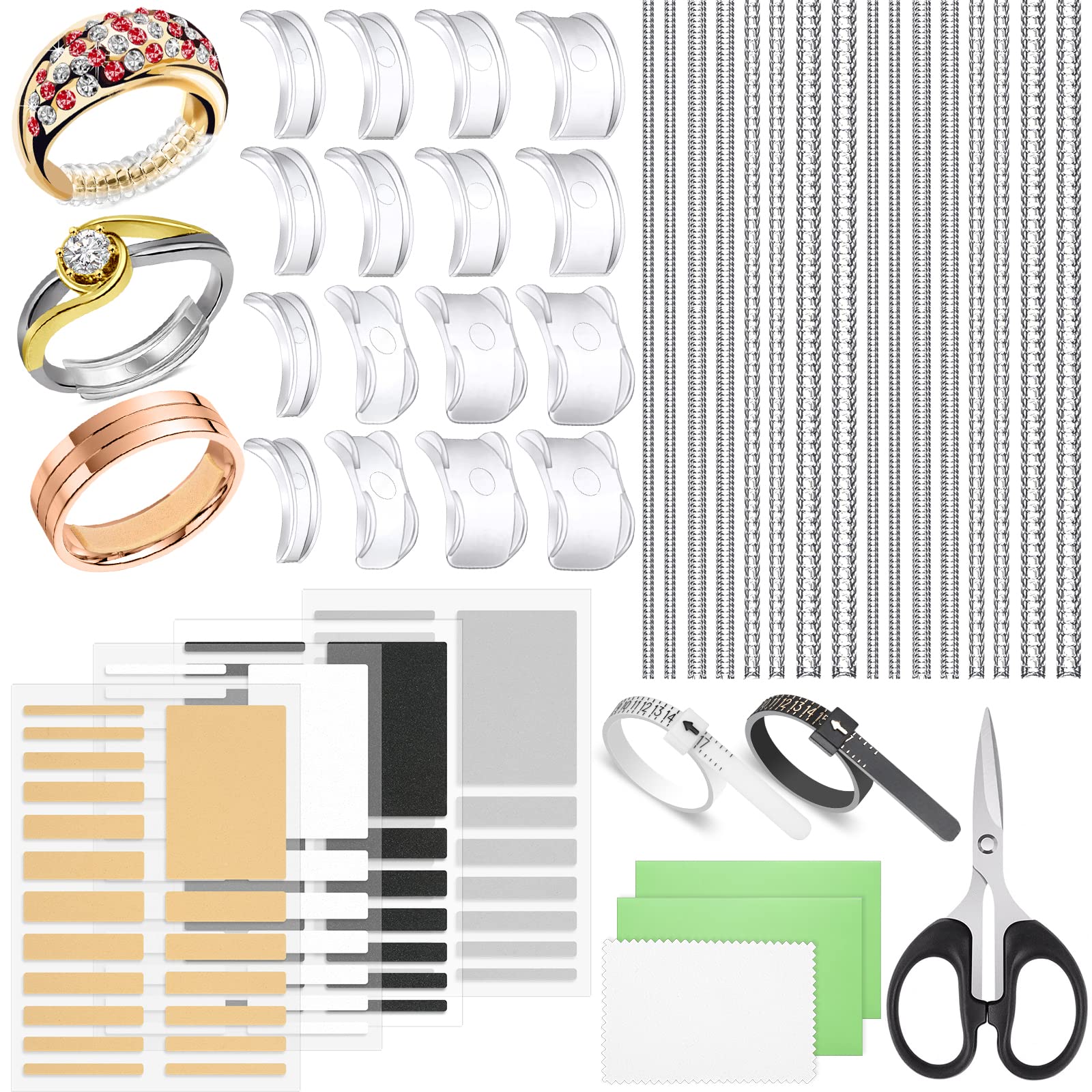 38 Pcs Ring Sizer Adjuster for Loose Rings with Ring Size Measuring Tool, Plug-in Invisible Ring Guards Silicone Tightener EVA Foam Ring Size Adjuster Set with Polishing Cloth