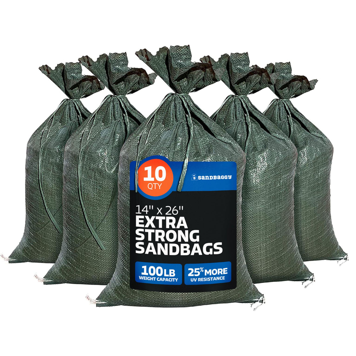 Sandbaggy - Heavy Duty Empty Sandbags For Flooding (14" X 26") - Poly Sand Bags For Flood Barrier, Weight, Construction, Earth Bag Homes - Reusable, UV Resistant - Tie Strings Attached (10 Bags)