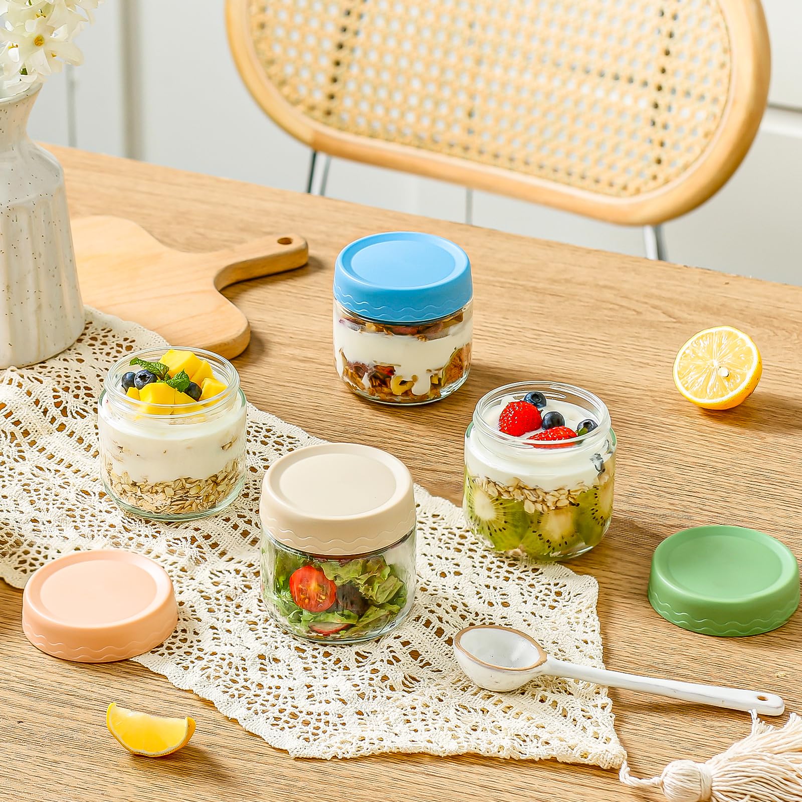 DRKIO 10 Oz Overnight Oats Containers with Lids - 4 Pack Glass Storage Jars with Airtight Lids Wide Mouth Mason Food Jars Great for Meal Prep Salad Chia Pudding Snacks Yogurt Sugar Spice Cereal