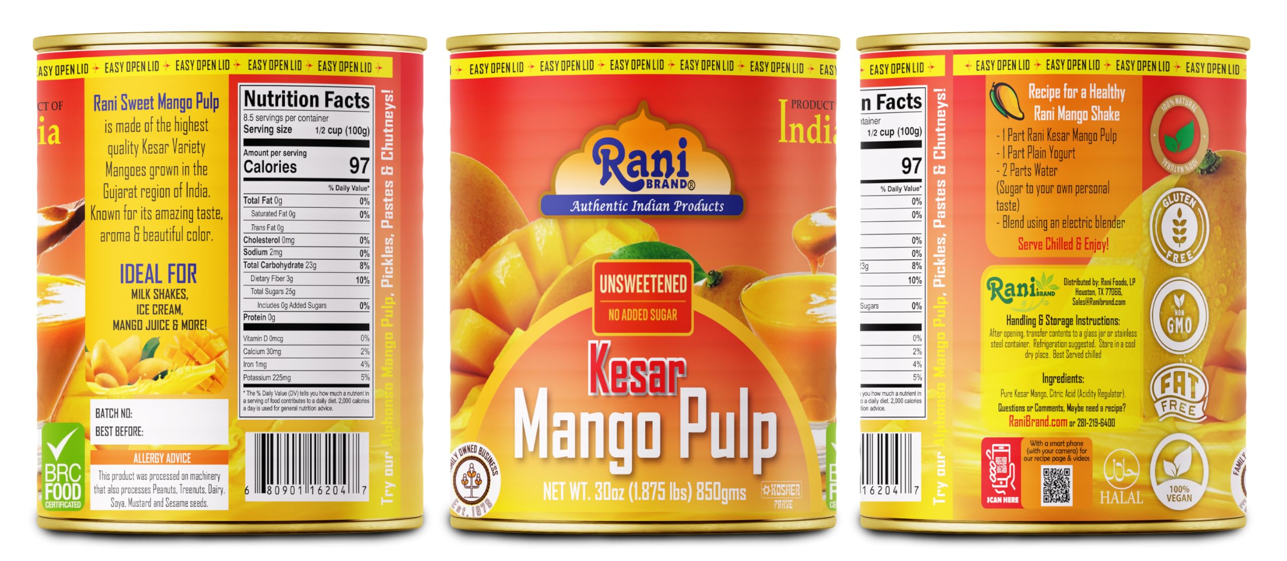 Rani Mango Pulp Puree (Makes Mango Lassi Shakes) Alphonso Sweetened 30oz (1.875lbs) 850g ~ Kosher | All Natural | NON-GMO | Vegan | No colors | Gluten Friendly | Indian Origin