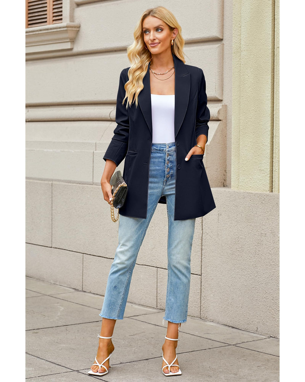 luvamia Blazers for Women Business Casual Long Blazer Jackets Dressy Work Professional Office Outfits Lapel Pockets