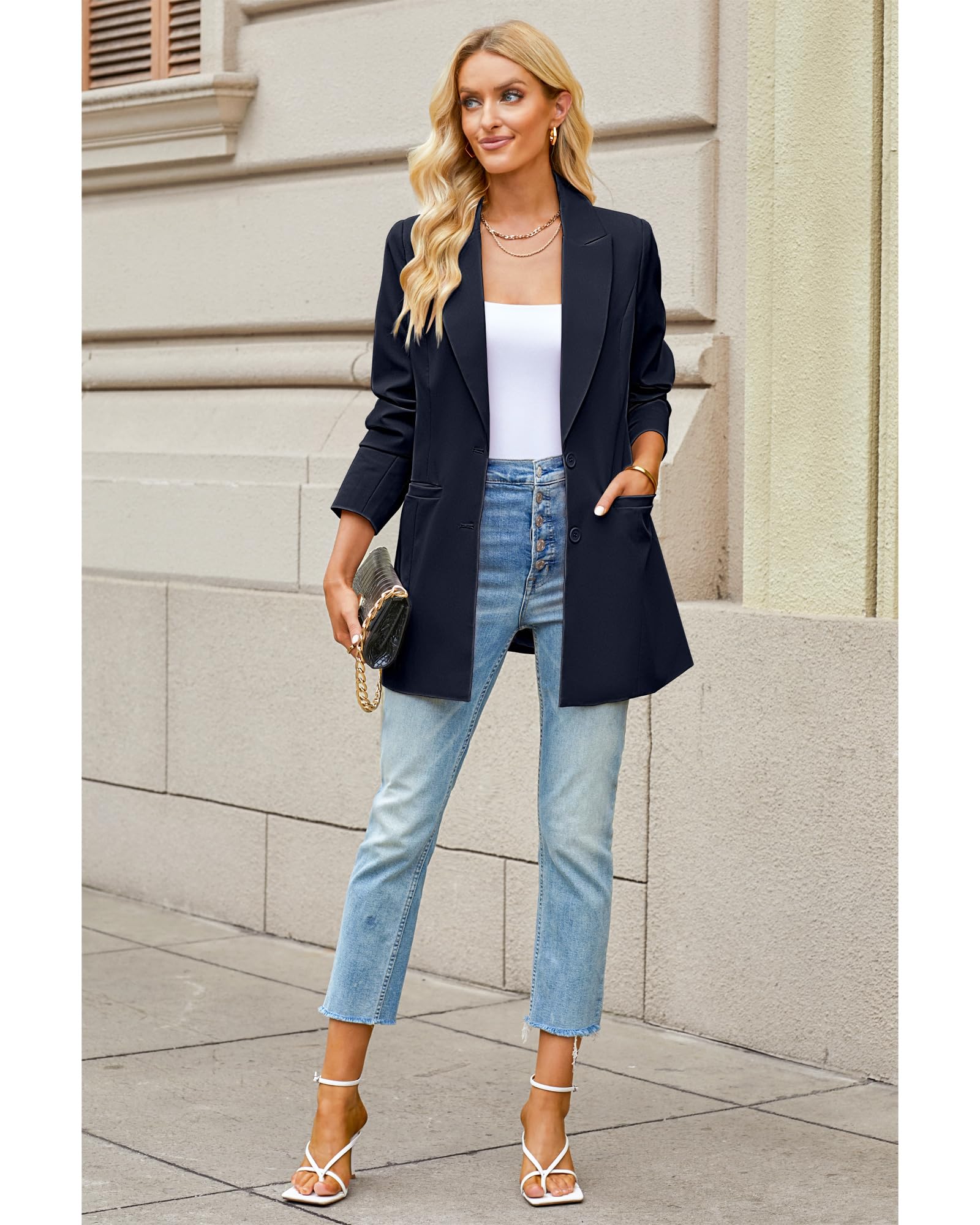luvamia Blazers for Women Business Casual Long Blazer Jackets Dressy Work Professional Office Outfits Lapel Pockets
