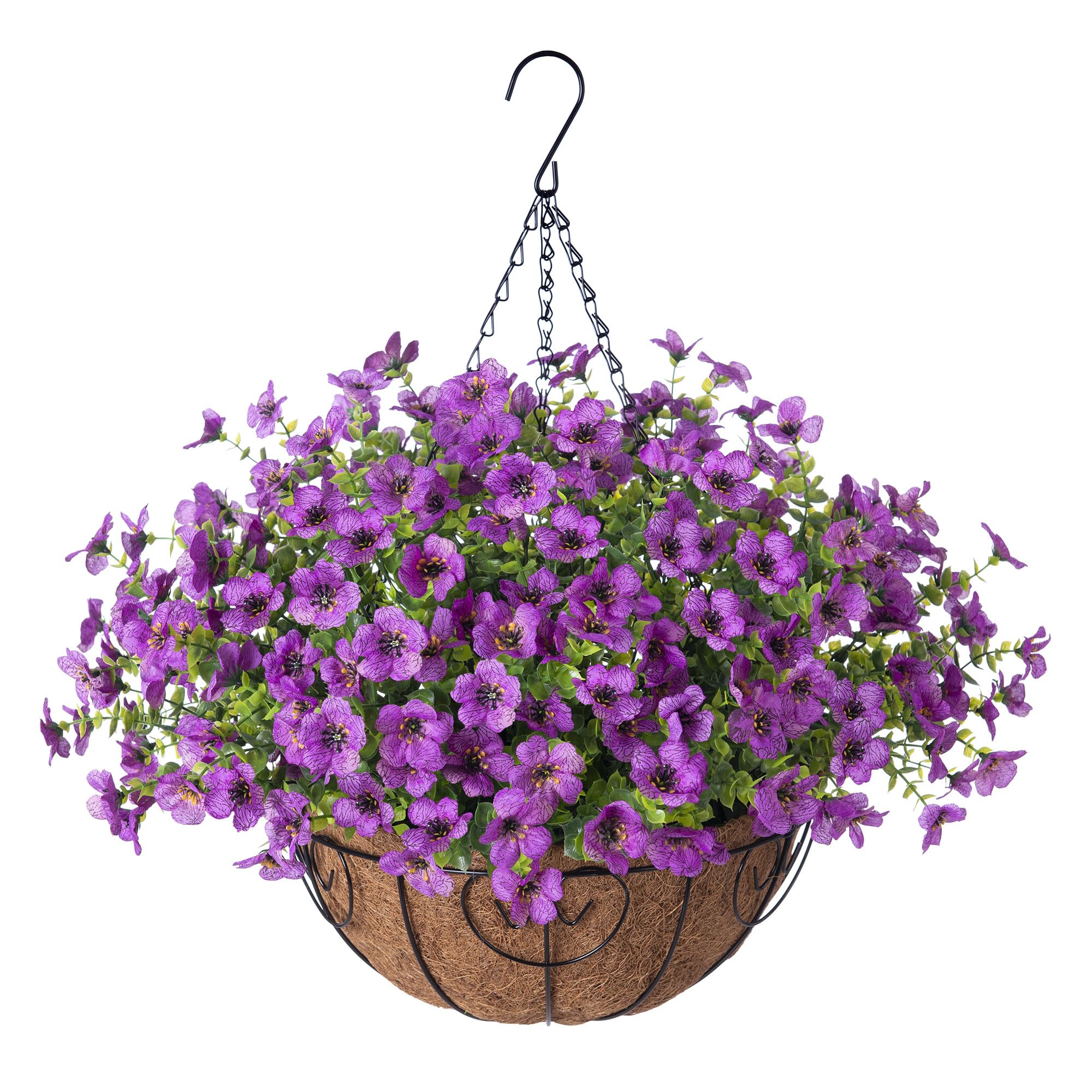 Ammyoo Artificial Faux Hanging Plants Flowers Basket for Spring Outdoor Decoration, Fake Silk Daisy UV Resistant Look Real with Eucalyptus Leaves Summer Outside Decor for Home Patio Garden