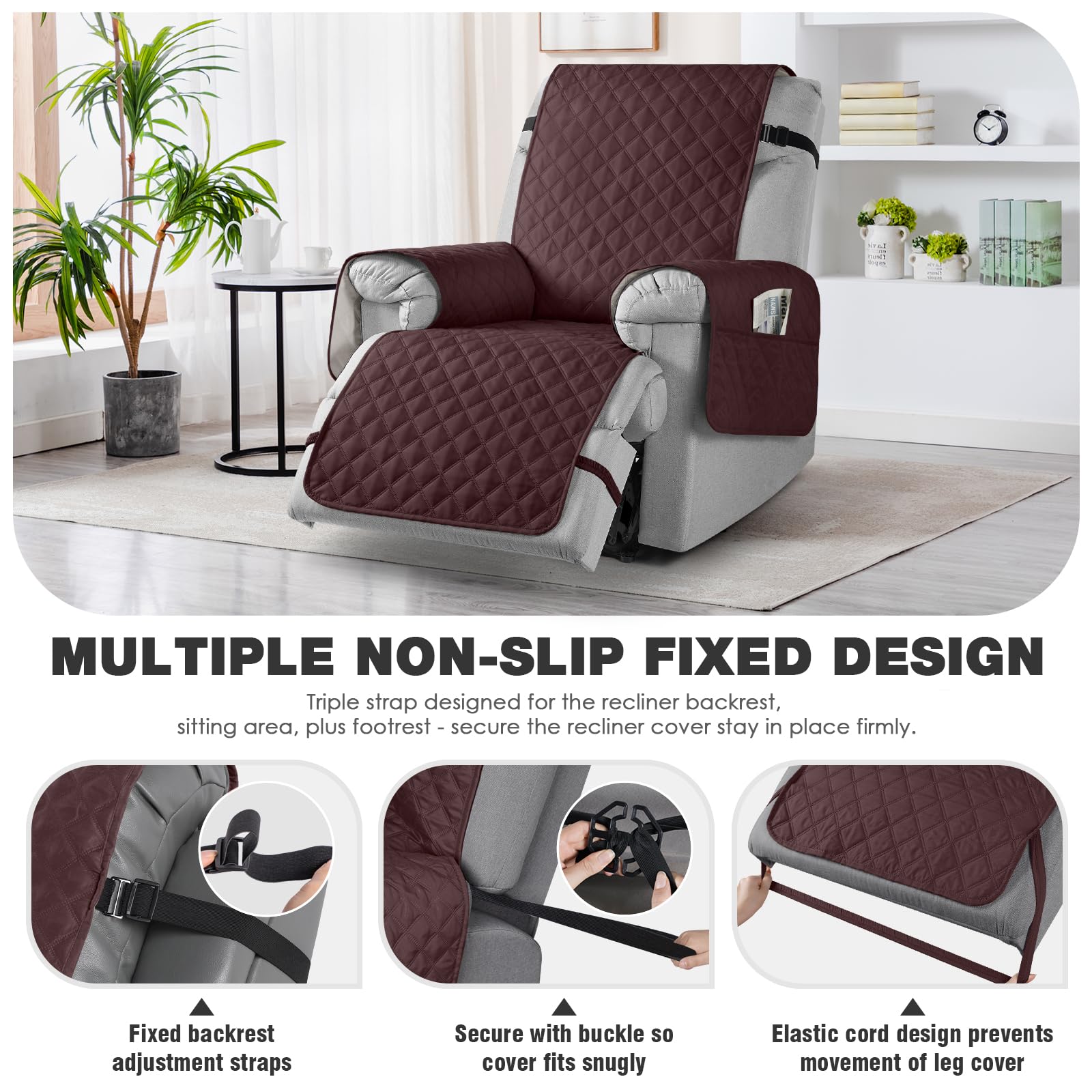 TAOCOCO 100% Waterproof Recliner Chair Covers, Reversible Recliner Covers with Leg Straps, Washable Recliner Sofa Covers for Reclining Chair Furniture Dog Protector with Pocket (Black, 23.6'')