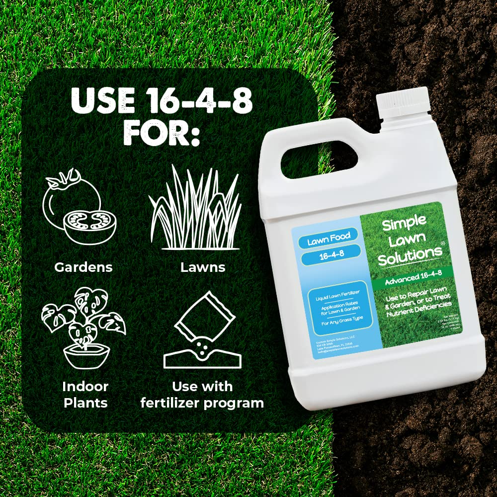 Advanced 16-4-8 Lawn Fertilizer - Liquid Lawn Food Spring & Summer Concentrated Spray - Any Grass Type- Fish and Seaweed Kelp- Balanced NPK - Simple Lawn Solutions (1 Gallon)