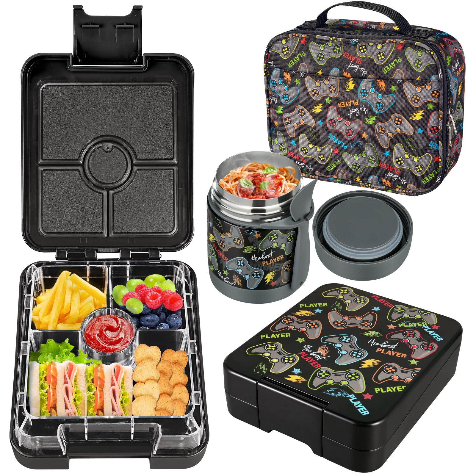 Bento Lunch Box Set for Kids with 10oz Soup Thermo, Leak-Proof Lunch Containers with 4 Compartment, Kids Thermo Hot Food Jar and Insulated Lunch Bag for Kid to School,BPA-Free(Basketball)