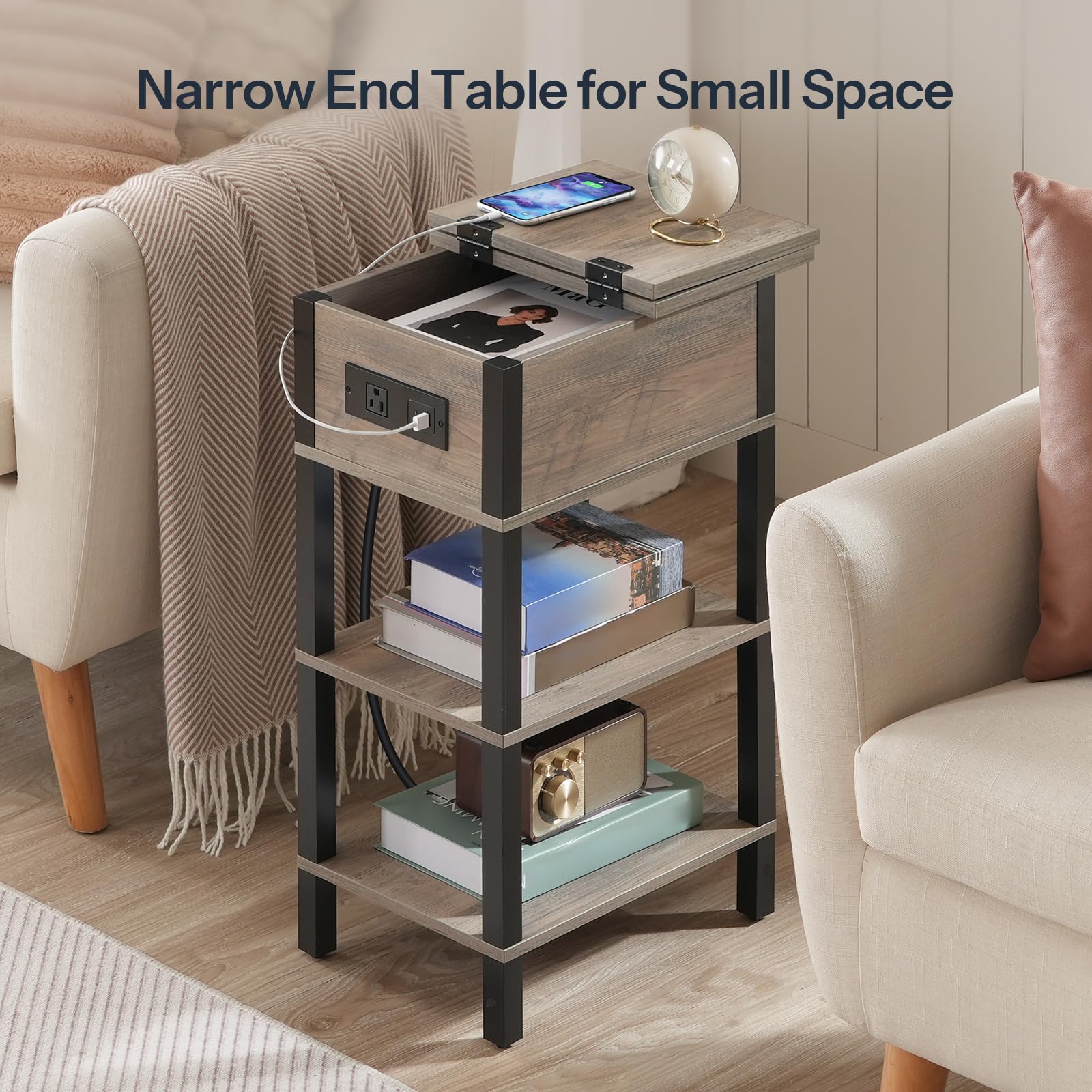 HOOBRO End Table with Charging Station, Flip Top Side Table with USB Ports, Narrow Nightstand Bedside Tables with Storage Shelves, for Small Space, Living Room, Black BK141UBZ01