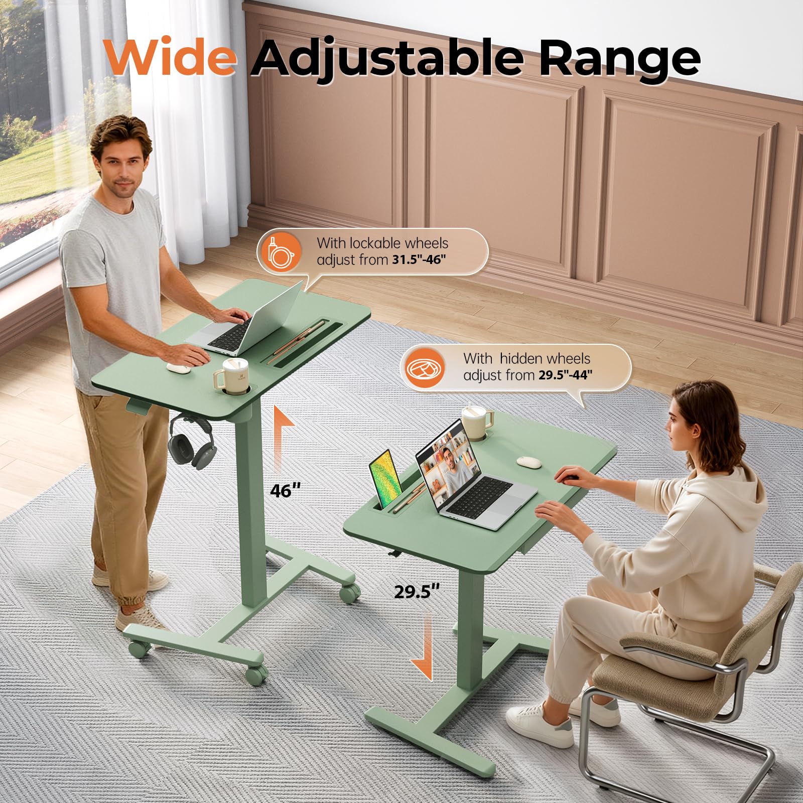 Small Mobile Standing Desk with Drawer, 23.6"x19.7" Rolling Laptop Cart on Wheels, Height Adjustable Sit Stand Computer Workstation with Storage for Compact Space, Black