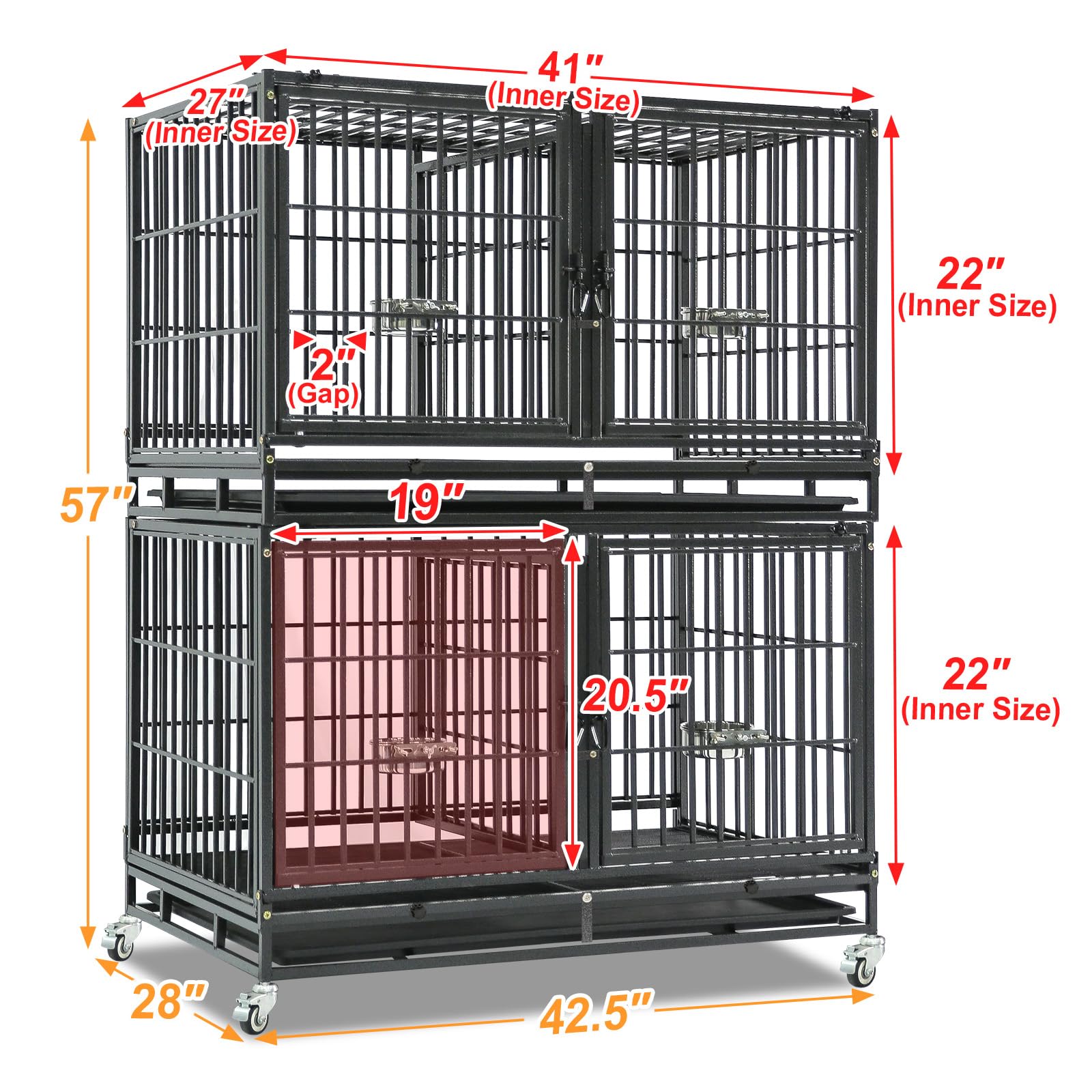 Homey Pet 37 inch Stackable Heavy Duty Dog Crate, Indestructible Escape Proof Dogs Cage Kennel with Lockable Wheels, Removable Tray & Metal Grid, Double Doors for High Anxiety Medium/Small Dogs