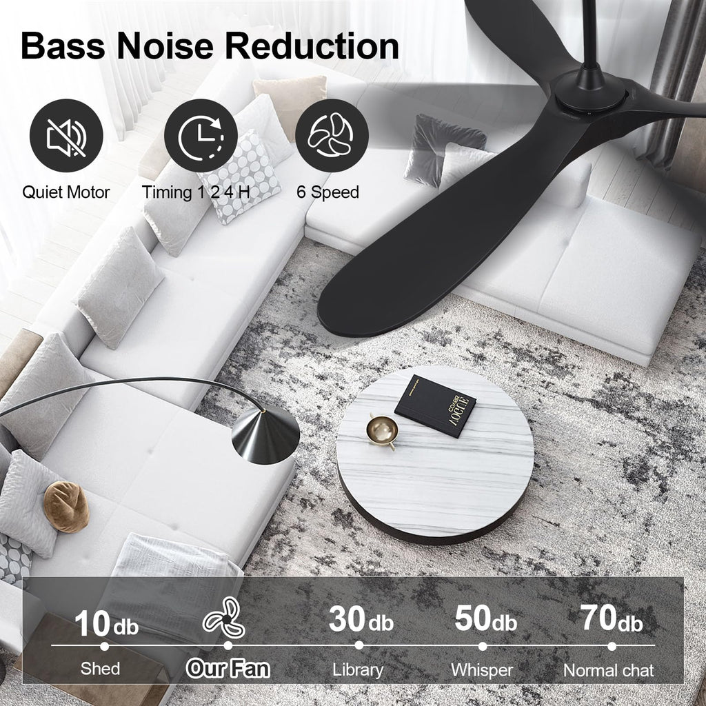 ABZ Ceiling Fans without Lights - 52 Inch Modern Ceiling Fans no Lights with Remote Control, Black 3 Blade Solid Wood Indoor Outdoor Ceiling Fans for Patios Living Room Bedroom