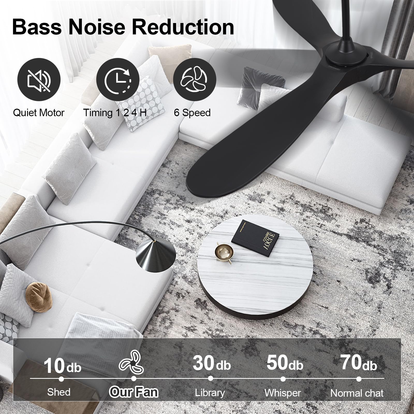 ABZ Ceiling Fans without Lights - 52 Inch Modern Ceiling Fans no Lights with Remote Control, Black 3 Blade Solid Wood Indoor Outdoor Ceiling Fans for Patios Living Room Bedroom