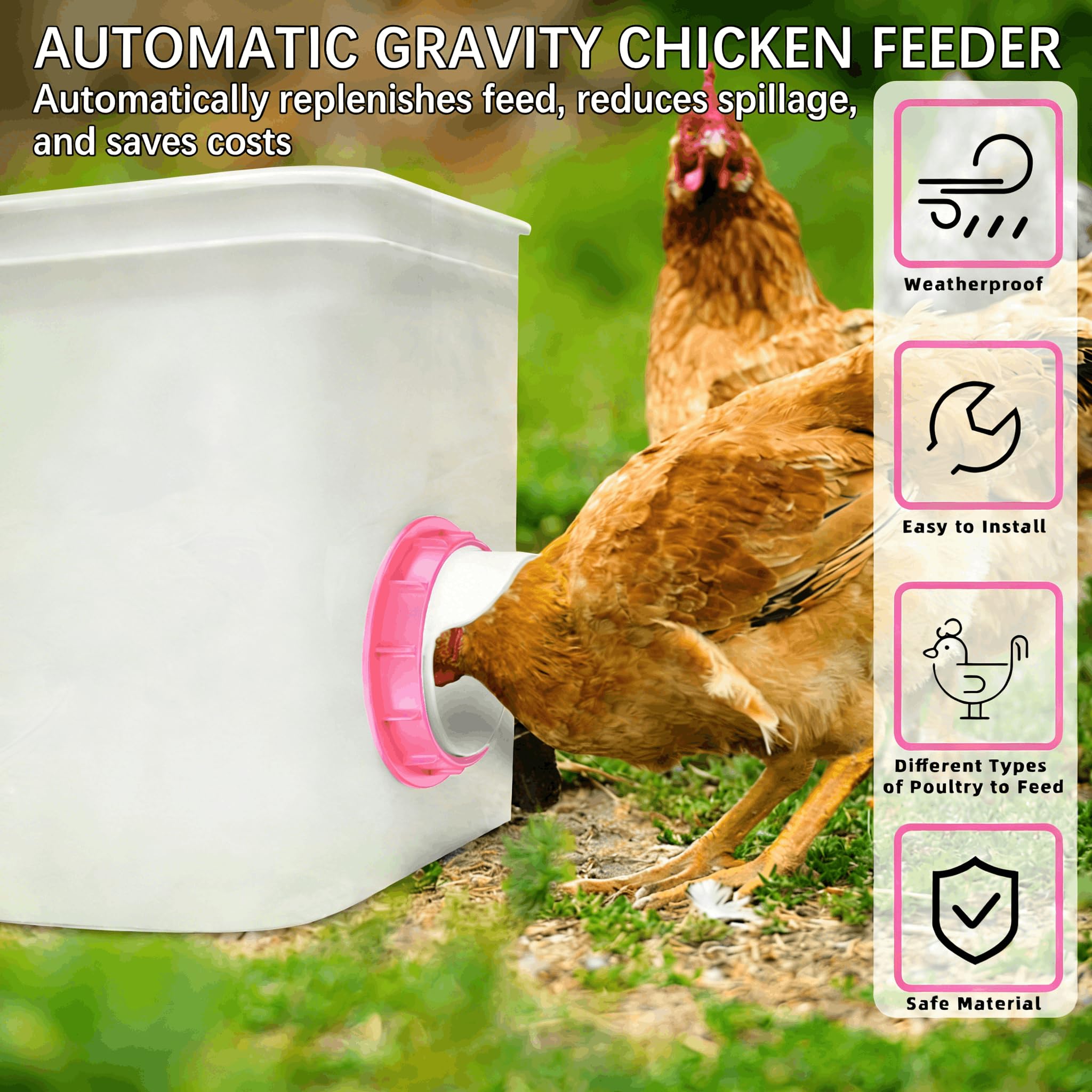 Chicken Feeder Port, 6 Pack Chicken Feeders No Waste with 6 Lids 1 Drill Bit, DIY Automatic Poultry Feeder Cups Kit, Chicken Bucket Feeder for Barrels (White)