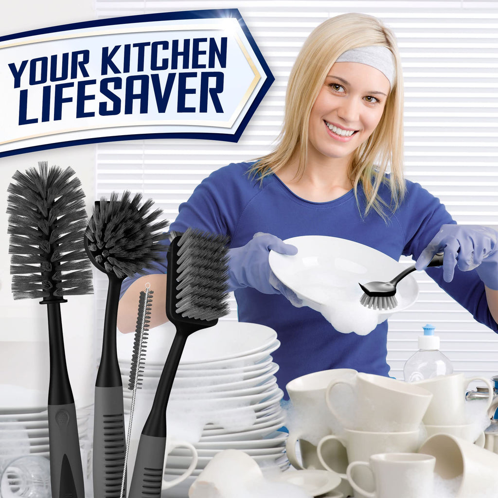 Dish Brush Set of 5 with Holder - Kitchen Scrub Brushes with Non-Slip Long Handle for Cleaning, Scrubber, Dishwashing, Dishes, Bottles, Straws, Cups, Pots & Sink, Baige
