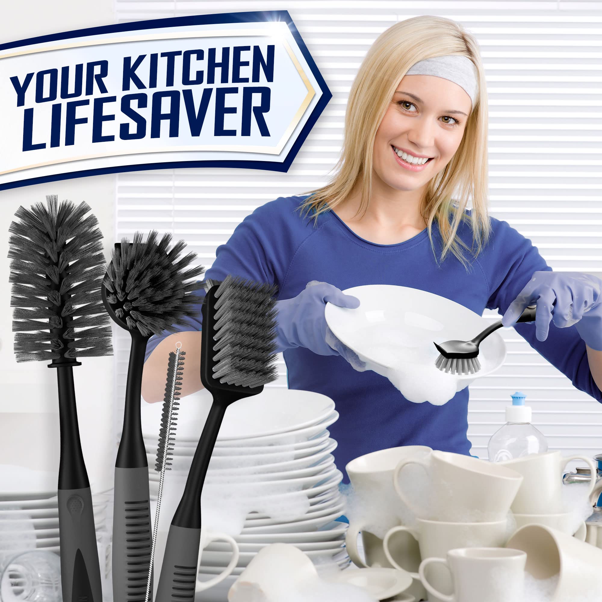 Dish Brush Set of 5 with Holder - Kitchen Scrub Brushes with Non-Slip Long Handle for Cleaning, Scrubber, Dishwashing, Dishes, Bottles, Straws, Cups, Pots & Sink, Baige