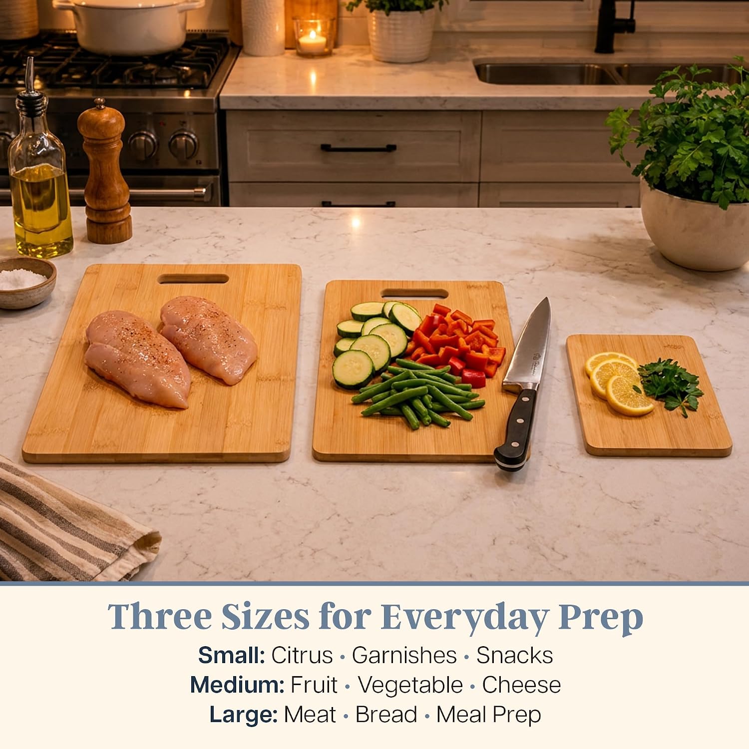 Totally Bamboo 3-Piece Bamboo Cutting Board Set, Wood Cutting Boards for Kitchen, Reversible Chopping Boards in Small, Medium, and Large Sizes