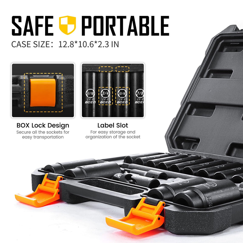 BOEN 1/2" Drive Deep Impact Socket Set, 11 Pieces Socket Set Metric 10-24mm, 6 Point Design, Cr-V Steel, Laser Marking, Durable Storage Case, Meets ANSI Standards
