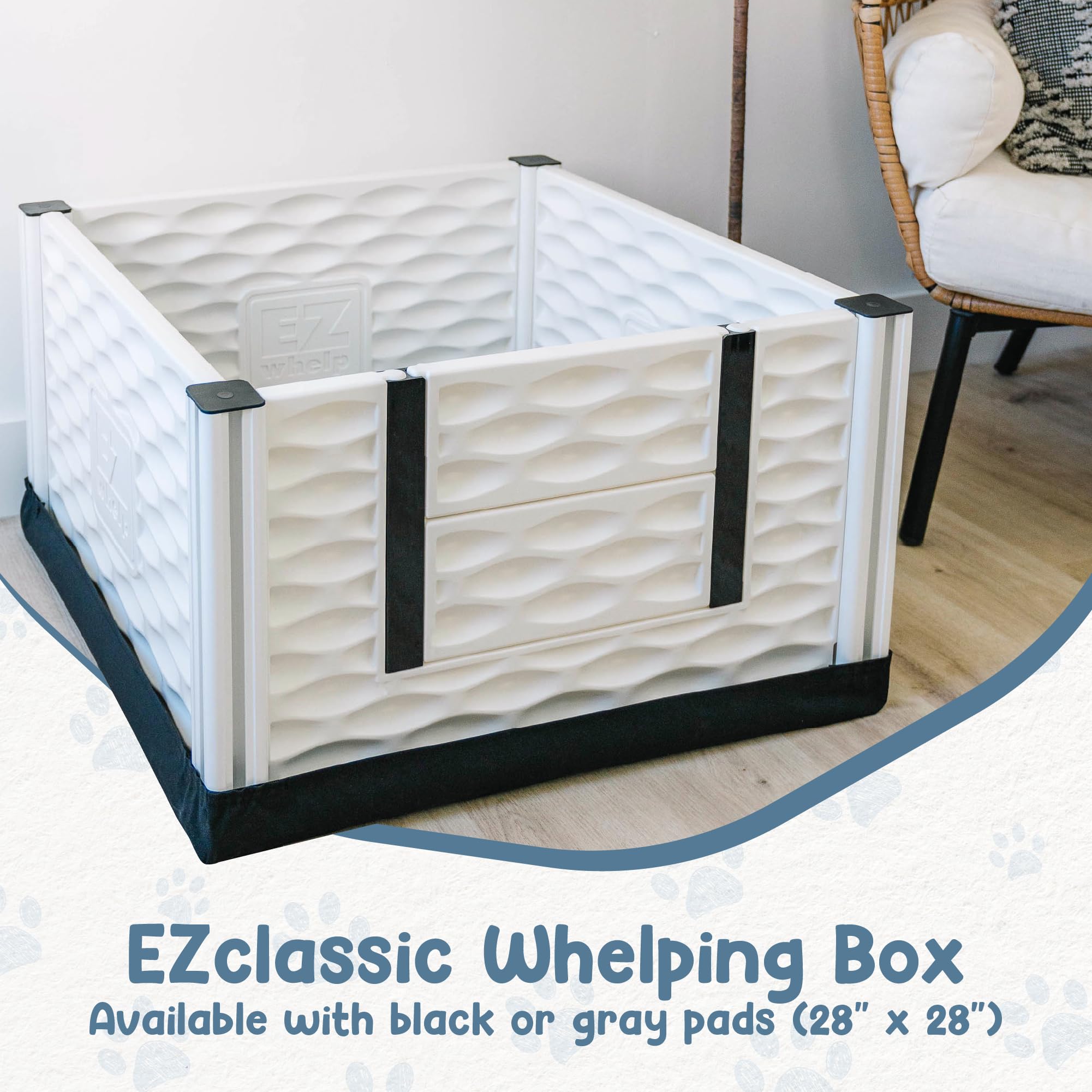 EZwhelp EZclassic Windowed 48"x48"x18" Whelping Box with Rails and Windowed Walls, Padded Dog Whelping Box, Black Pad