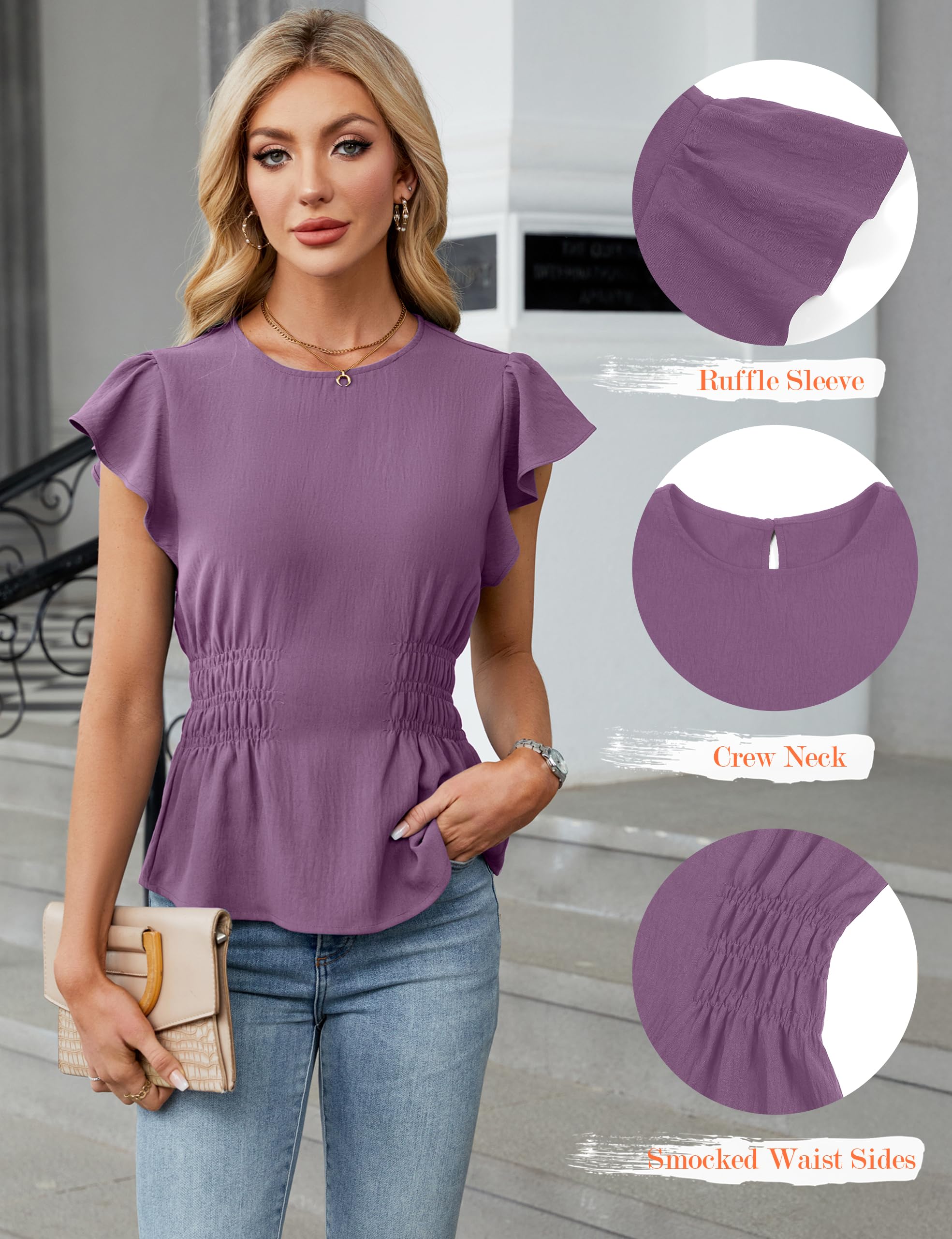 Blooming Jelly Women's Dressy Casual Blouses Business Ruffle Short Sleeve Tops Summer Crew Neck Smocked Shirts