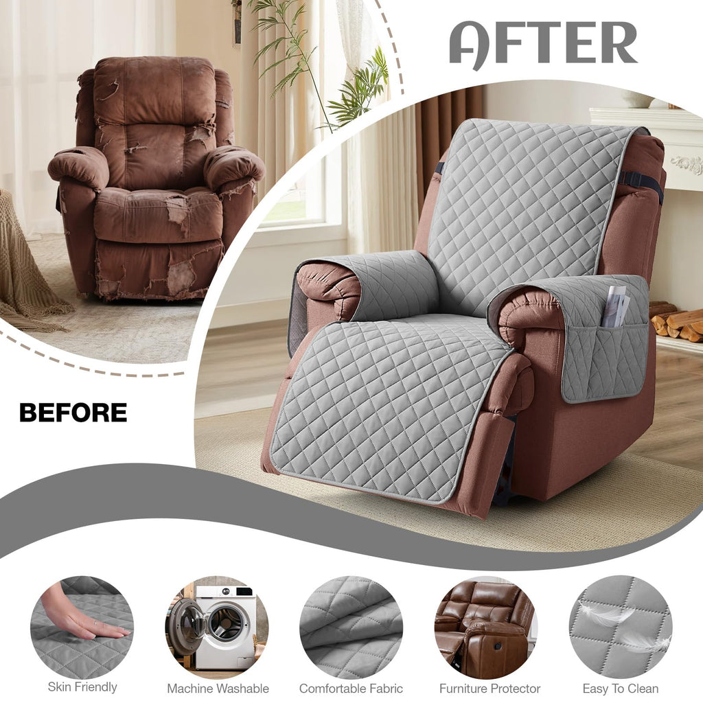 KinCam 100% Waterproof Recliner Chair Cover, Reclining Couch Covers for Pets, Dogs, Recliner Couch Slipcover Furniture Protector with Elastic Straps for Kids(23.6", Beige White)