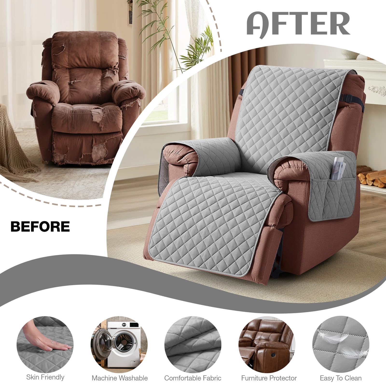 KinCam 100% Waterproof Recliner Chair Cover, Reclining Couch Covers for Pets, Dogs, Recliner Couch Slipcover Furniture Protector with Elastic Straps for Kids(23.6", Beige White)