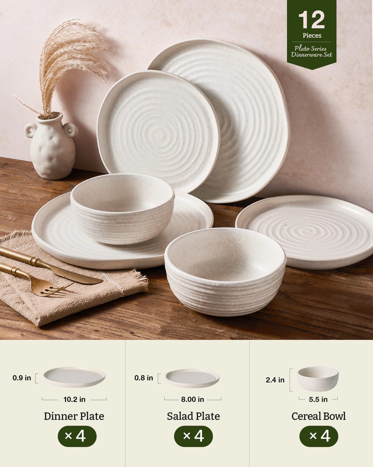 Famiware Pluto Stoneware Dinnerware Sets, 12-Piece Double Reactive Glaze Plates and Bowls Sets, Dishware Sets for Everyday & Formal Dining, Irregular Edge Dishes, Service for 4, Matte Beige White