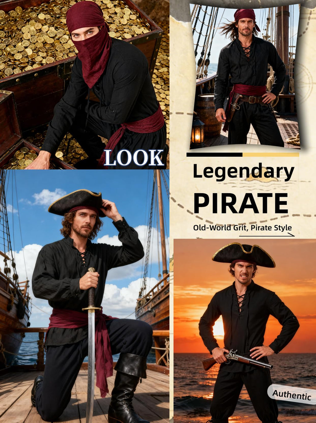 Verceco Mens Pirate Costume Outfit Renaissance Costume Men Medieval Outfit With Pirate Pants Shirts Sash Accessories (Black, Medium)