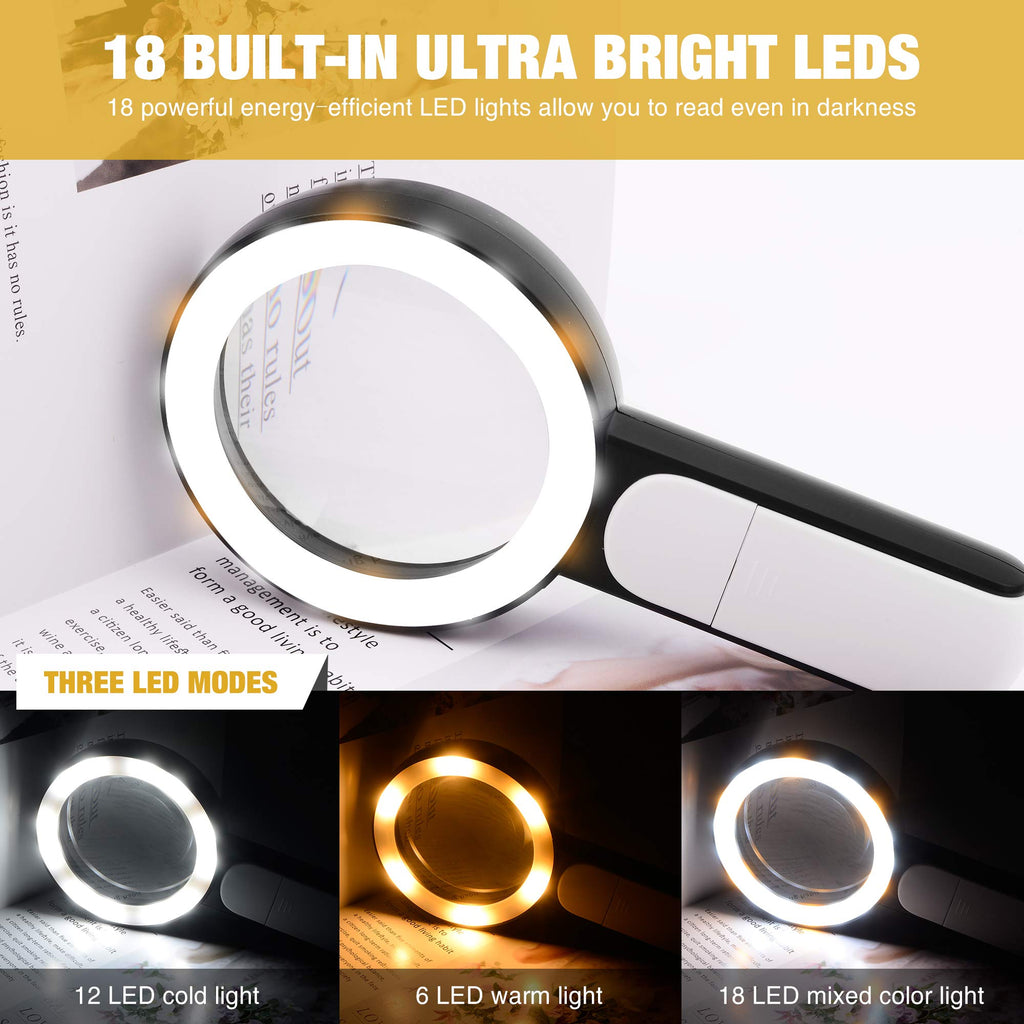 JMH Magnifying Glass with Light, Handheld Large Magnifying Glass 18LED Cold and Warm Light with 3 Modes, Illuminated Lighted Magnifier for Seniors Reading, Coins, Jewelry