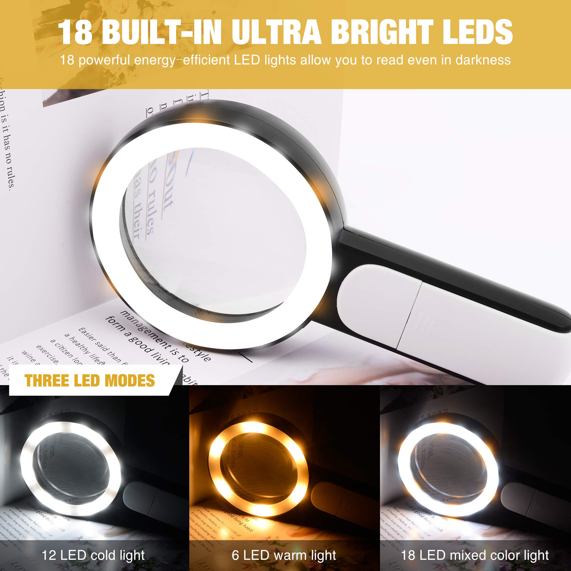 JMH Magnifying Glass with Light, Handheld Large Magnifying Glass 18LED Cold and Warm Light with 3 Modes, Illuminated Lighted Magnifier for Seniors Reading, Coins, Jewelry