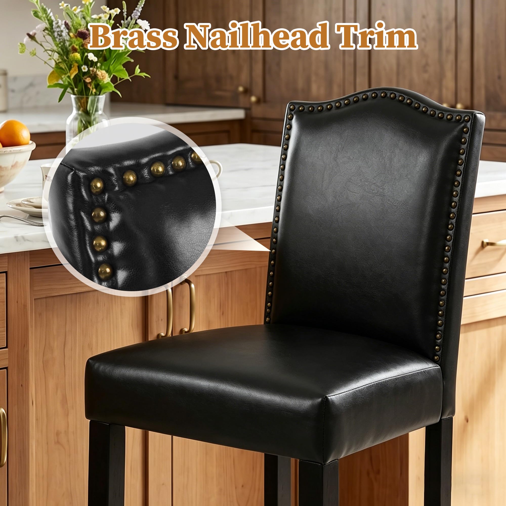 LSSPAID Counter Height Bar Stools Set of 2, 24.8 Inch Modern Upholstered Fabric Barstools, Kitchen Island Chairs with Bronze Nail Backrest and Solid Wood Legs for Kitchen Pub Home Cafe, Beige