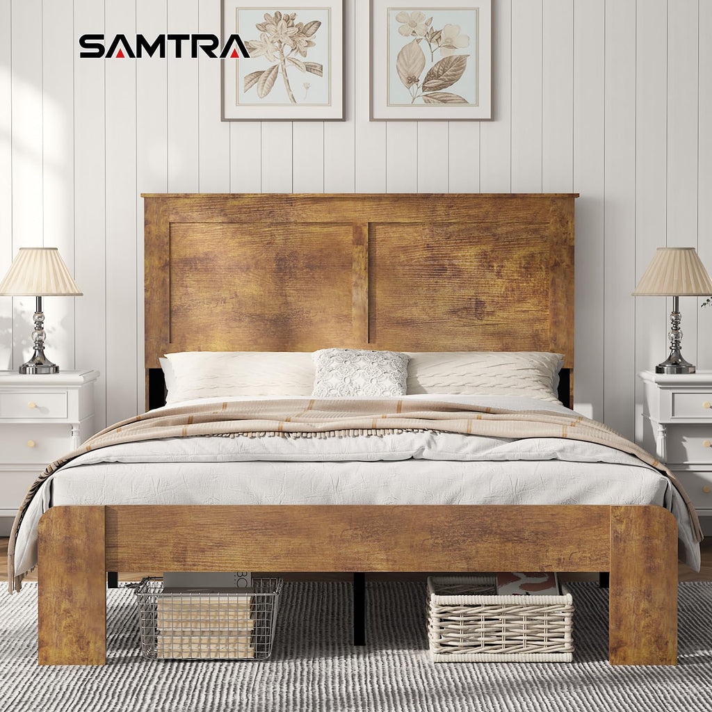 Wooden Bed Frame Full Size with Headboard, Farmhouse Platform Bedframe with Wood Slat Support, Sturdy Framework Bed Frame, Easy Assembly (Rustic Black)