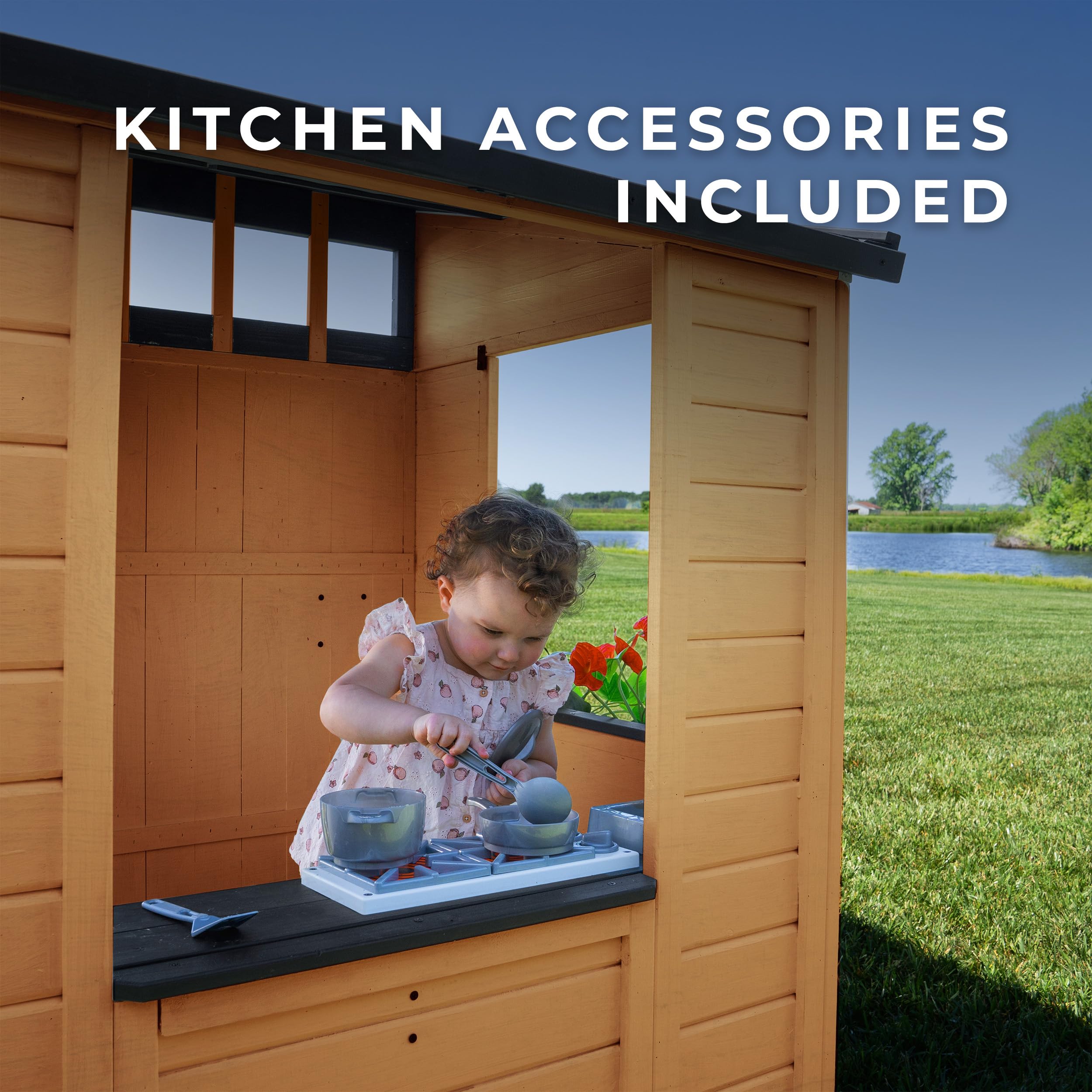 Backyard Discovery Caraway Cottage Cedar Wooden Kids Playhouse with Play Kitchen, Chalkboard, Mailbox, Half Door, Windows, Flower Box, Modern Farmhouse Design for Outdoor Imaginative Play