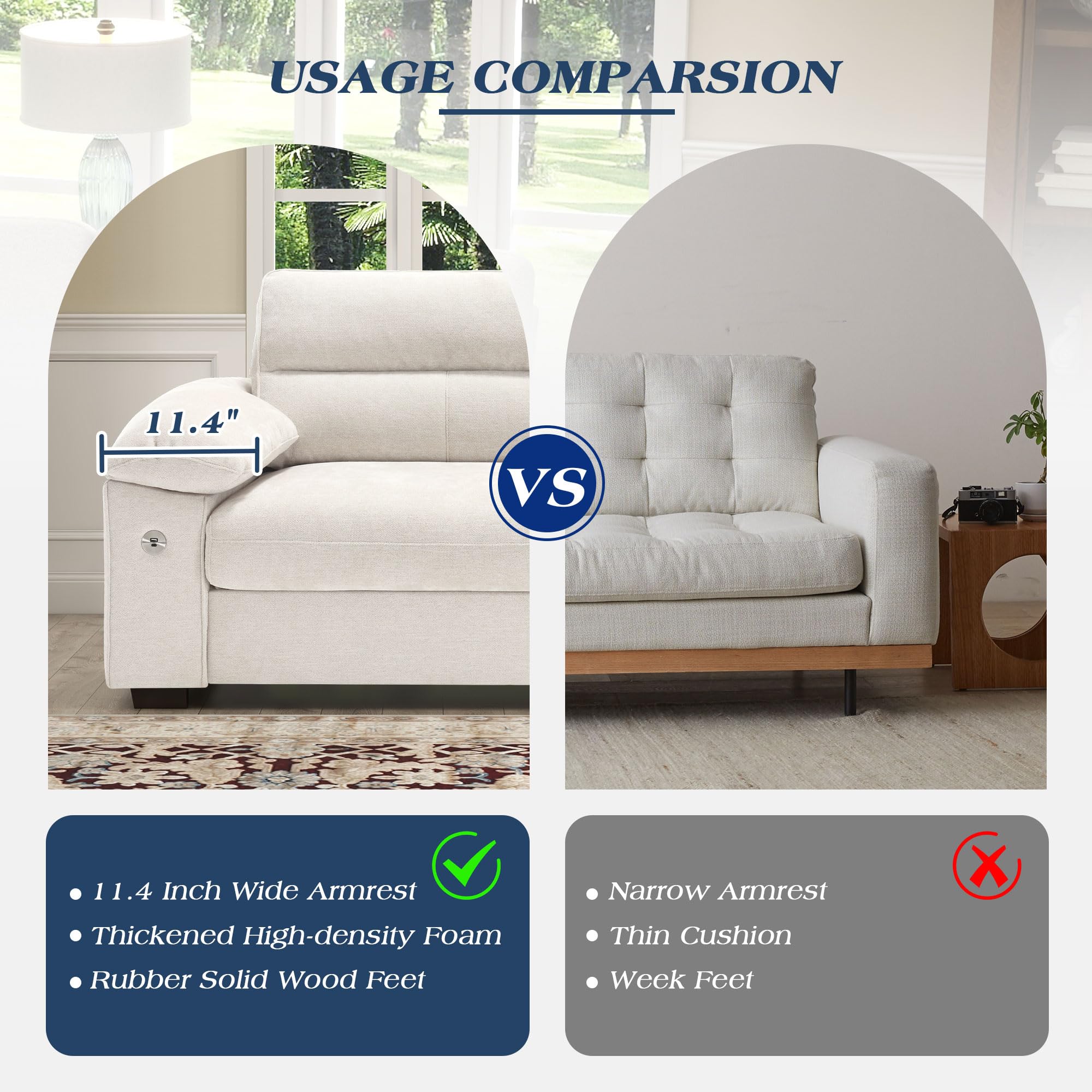 WorthFurni Sofas for Living Room, Chenille Loveseat Couch Set, Small Sofa, 3 Seater Sofa, USB Charging, Removable Sofa Cover,Solid Wood Frame, Easy to Install(70inch,Beige)