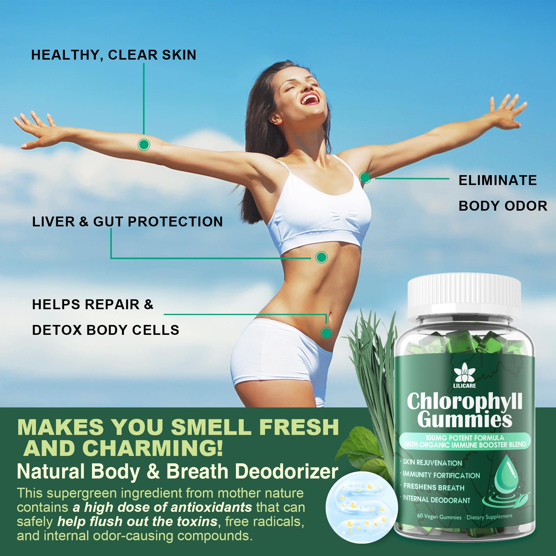 Chlorophyll Gummies - Super Green with Wheat Grass, Sea Moss, Unfiltered ACV & Elderberry, Echinacea, Zinc Complex & Vitamin D3, C, E, B12 for Natural Deodorant, Immune & Digestion Support, 60 Chews