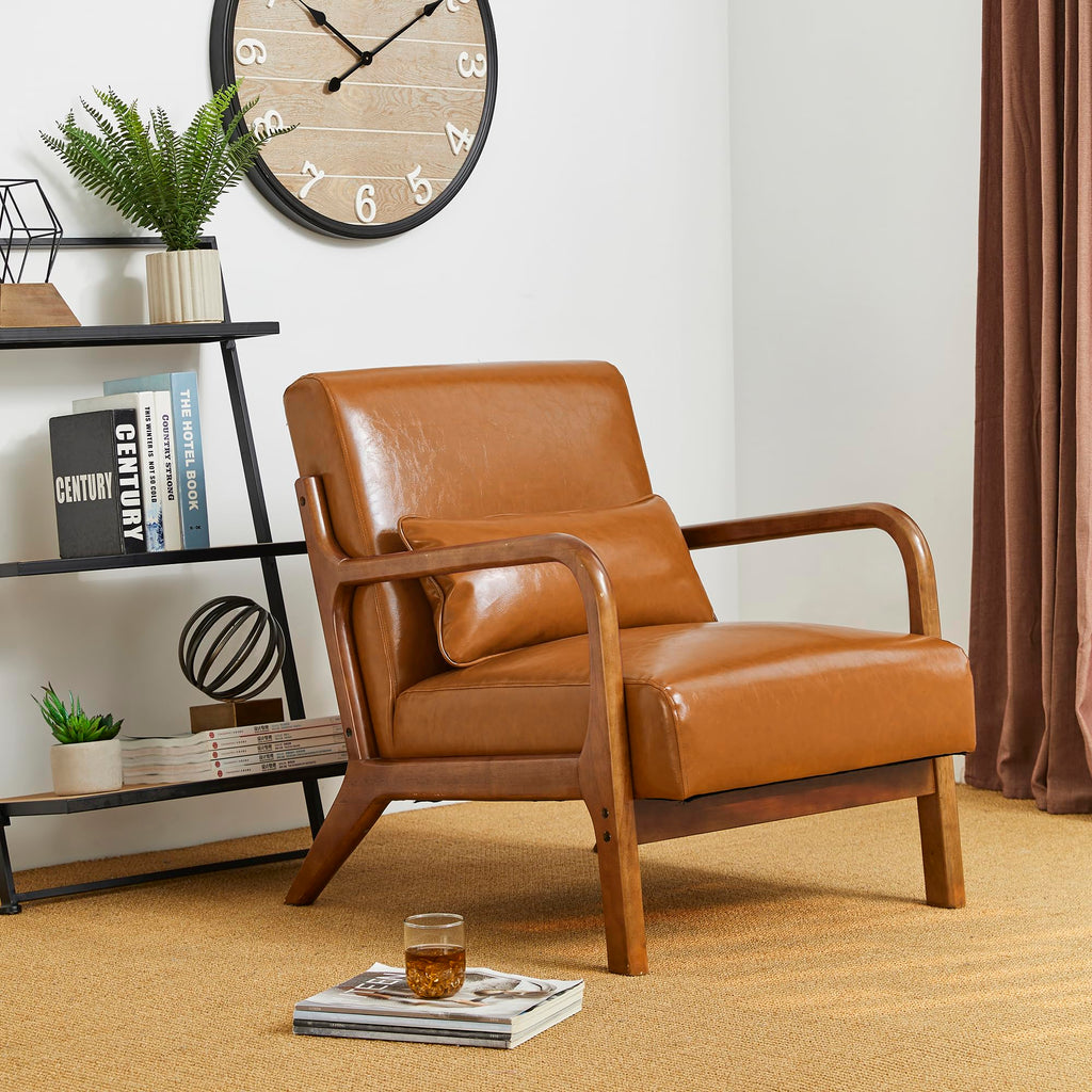 Glitzhome 2 Set Mid Century Black Accent Armchair, Single Reading Armchair PU Leather Lounge Chair with Walnut Ruberwood Frame