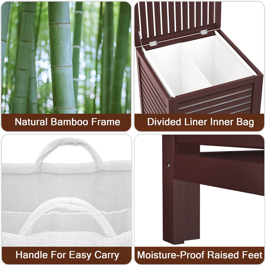 Homykic Bamboo Laundry Hamper with Lid, 120L Large Clothes Laundry Sorter with Removable 2-Section Liner Bag, Raised Laundry Basket Organizer for Clothing, Bathroom, Bedroom, Laundry Room, Black
