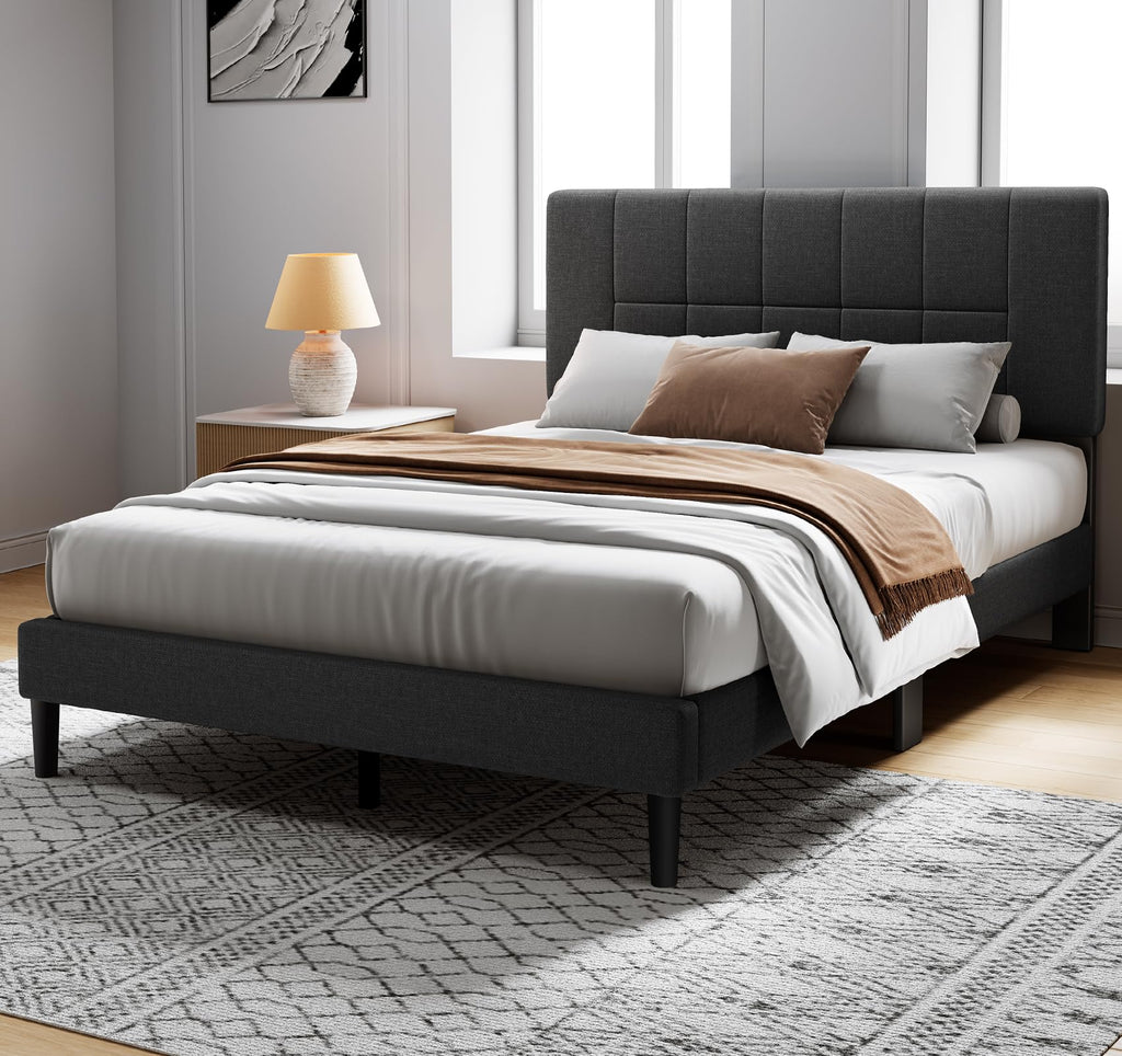 Pipishell Queen Bed Frame with 2 Storage Drawers, 12 Sturdy Legs, Solid Wooden Bed Base with Upholstered Headboard for 6″ to 12″ Mattresses, 1300 lbs High Weight Capacity, Easy Assembly, Dark Gray