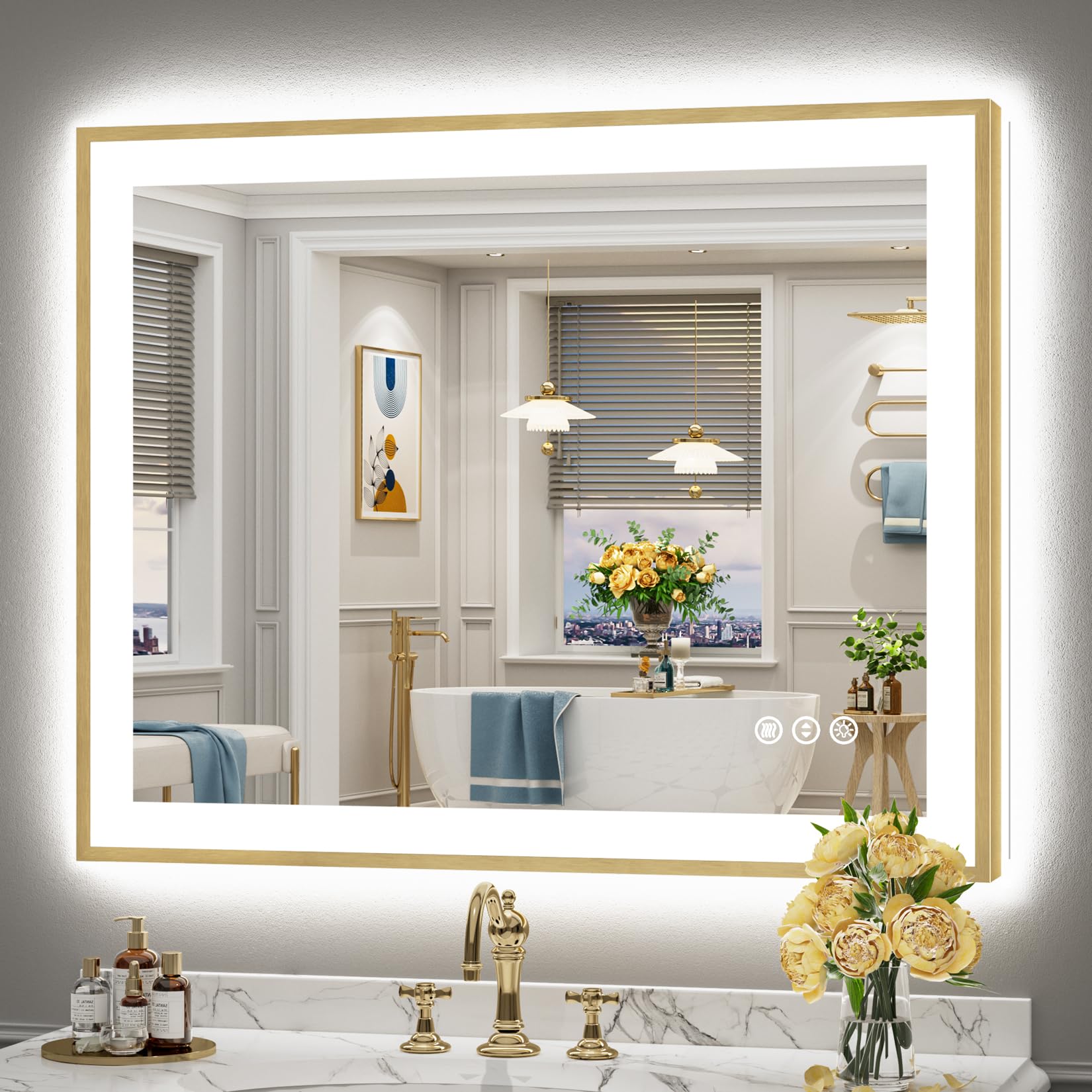 24x36 Gold Beveled LED Bathroom Mirror with Lights, Brushed Gold Framed Backlit and Front Lit Anti-Fog Lighted Vanity Mirrors for Bathroom Wall, Dimmable, 3 Colors, Memory, HD Tempered Glass