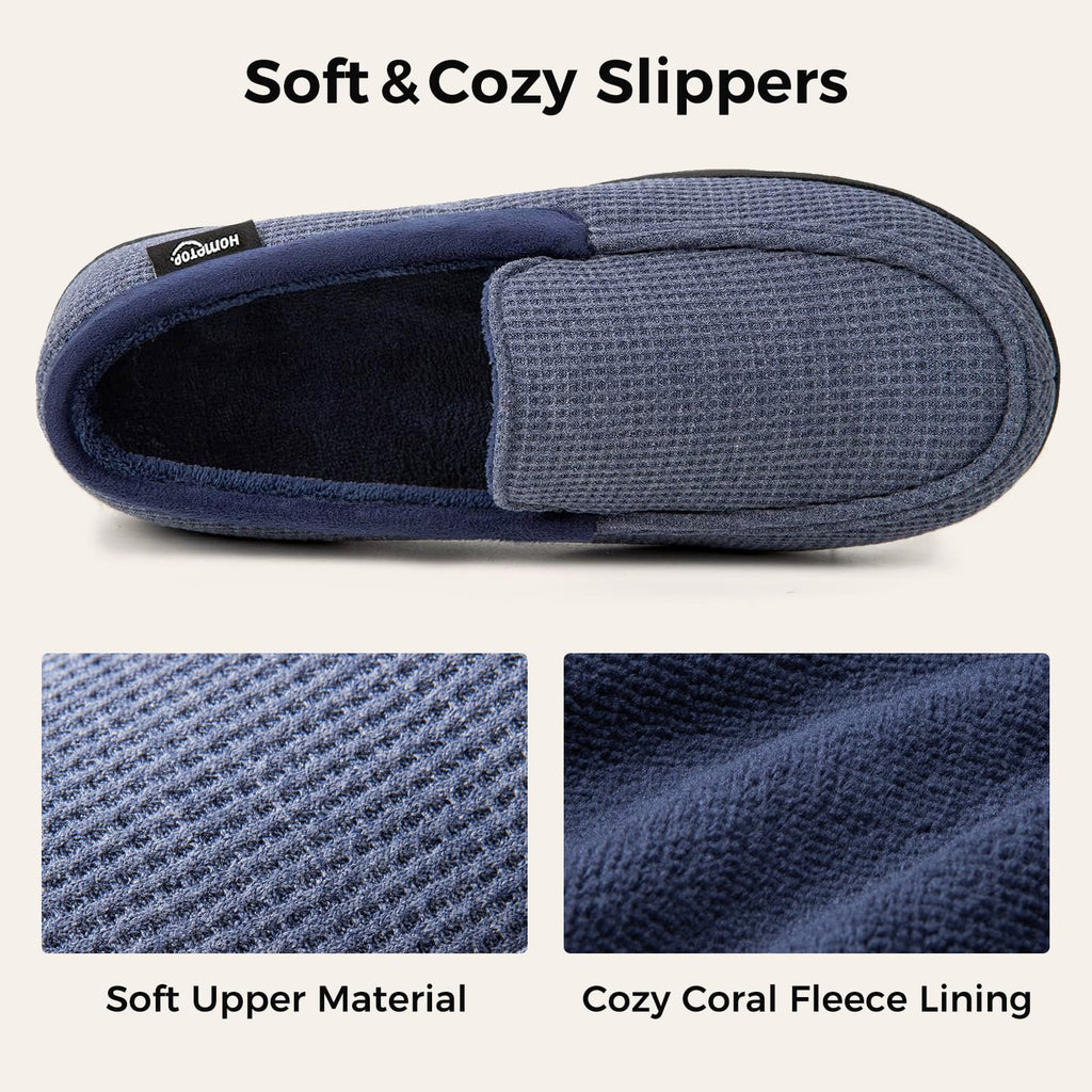 HomeTop Men's Comfort Memory Foam Moccasin Slippers, Breathable Cotton Knit Terry Cloth House Shoes for Indoor Outdoor