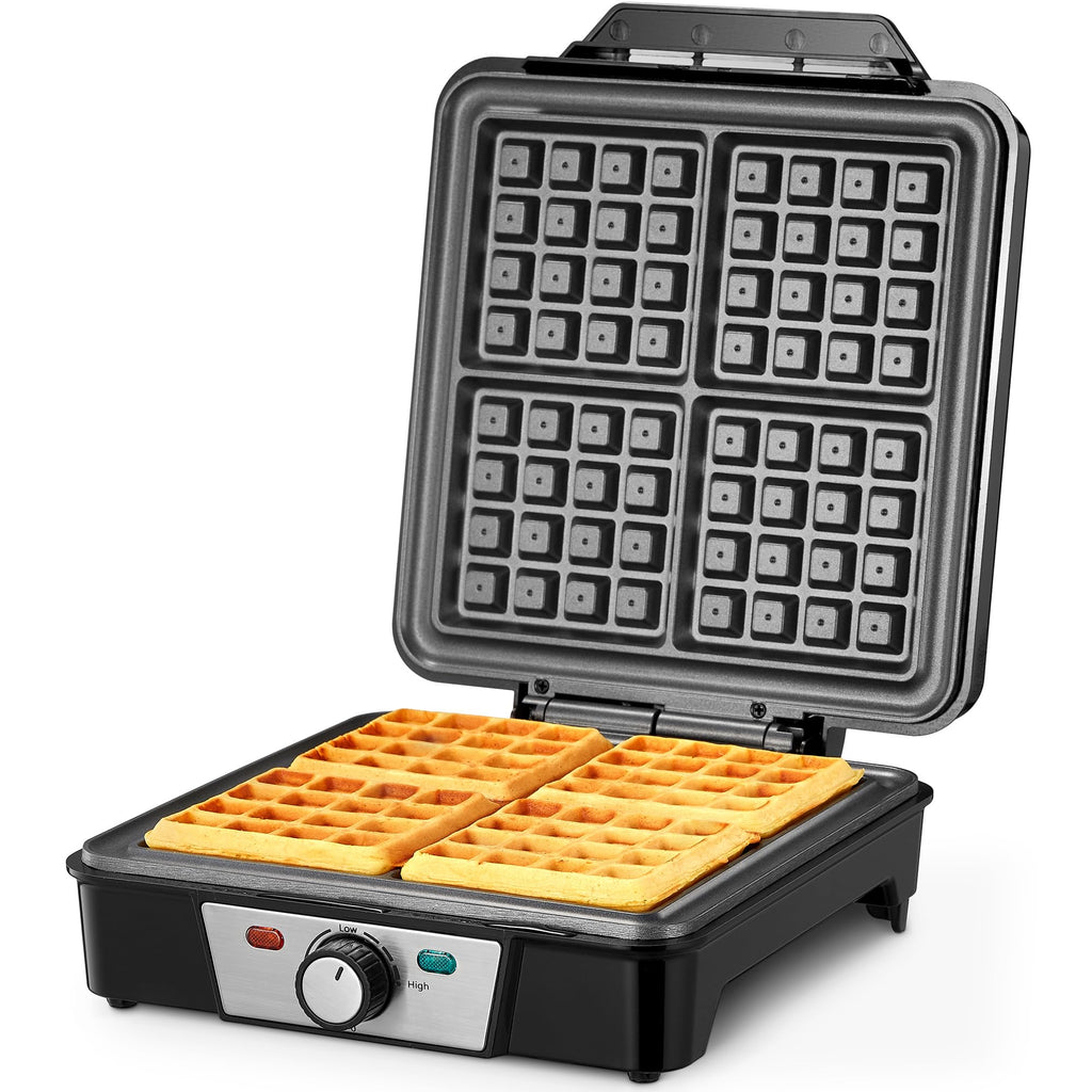 Belgian Waffle Maker 4 Slices, 1200W Waffle Iron, Anti-Overflow Waffle Iron with Browning Knob, Nonstick Plates, Indicator Lights, Silver/Black (Black, Silver)