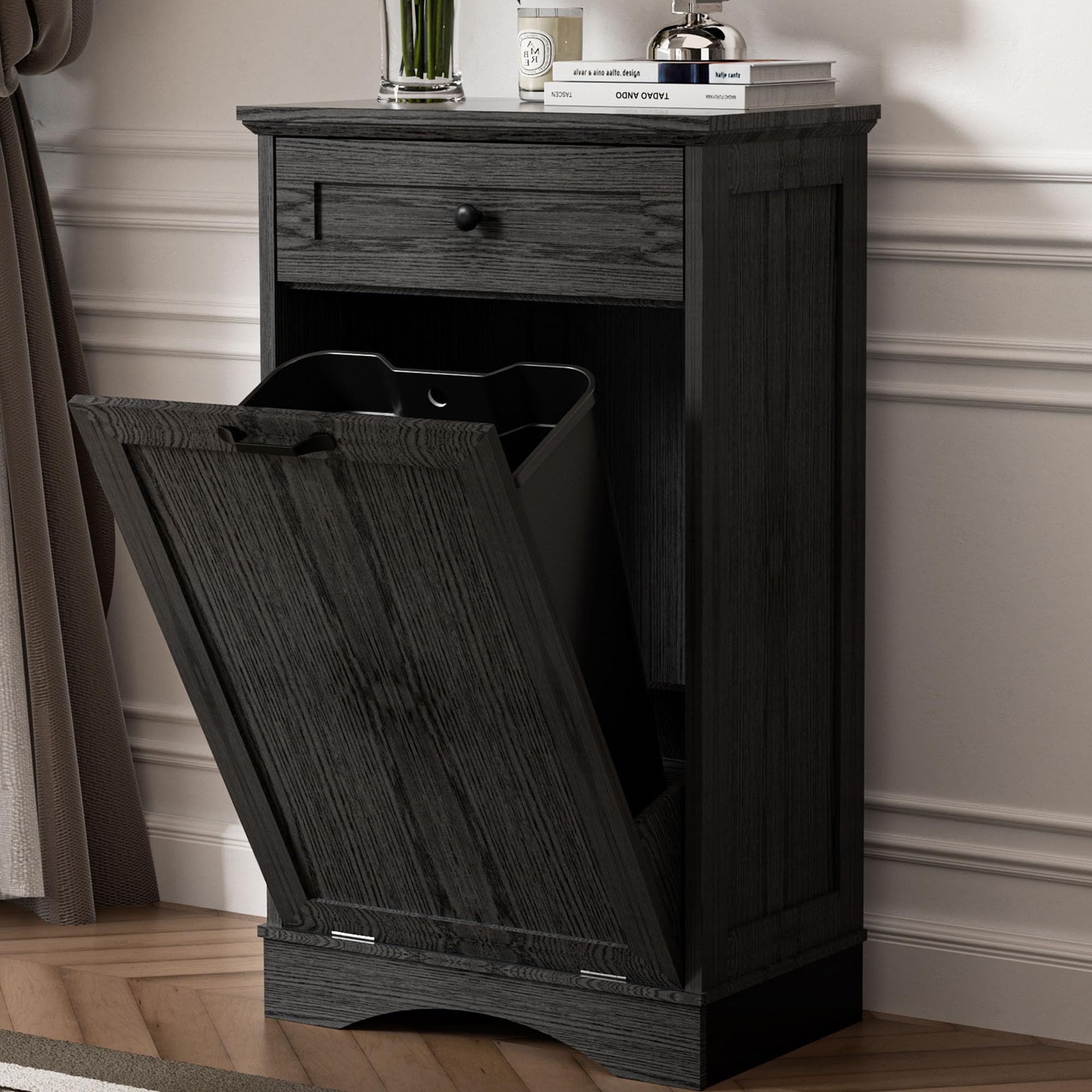 AHB Double Tilt Out Trash Can Cabinet Freestanding Kitchen Trash Can, 2x13 Gallons Hidden Garbage Recycling Cabinet with Hideaway Drawers Pet Proof Trash Can Holder for Kitchen, Antique White