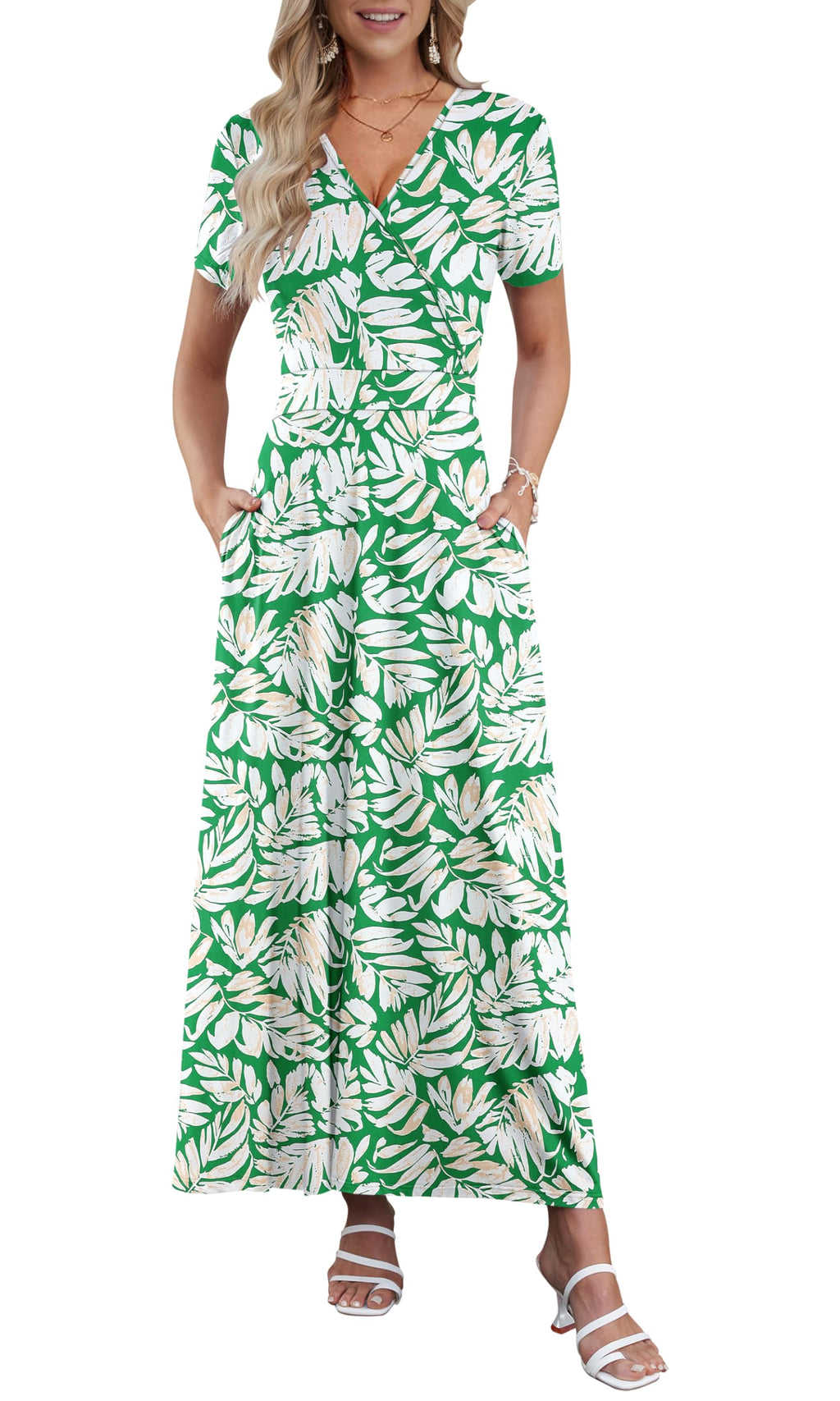 AUSELILY Maxi Dresses for Women Ankle Length Floral Print Beach Long Flowy Dress with Pockets