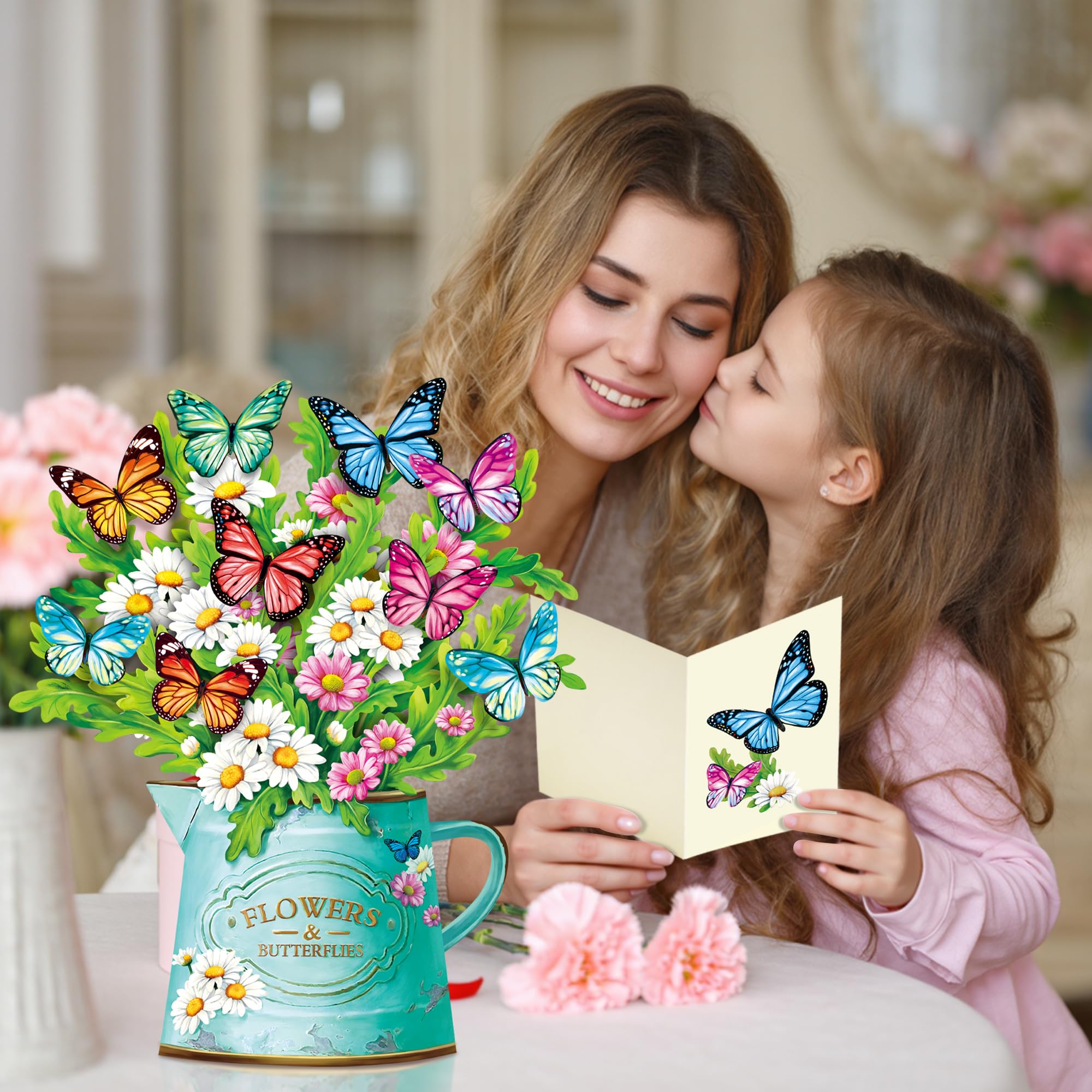 Airpark 3D Pop Up Paper Flowers Bouquet Card 12’‘ with Note & Envelope, Birthday Gifts, Get Well, Thank You, Greeting Cards for Women Mom Wife Friends, Daisies and Butterflies
