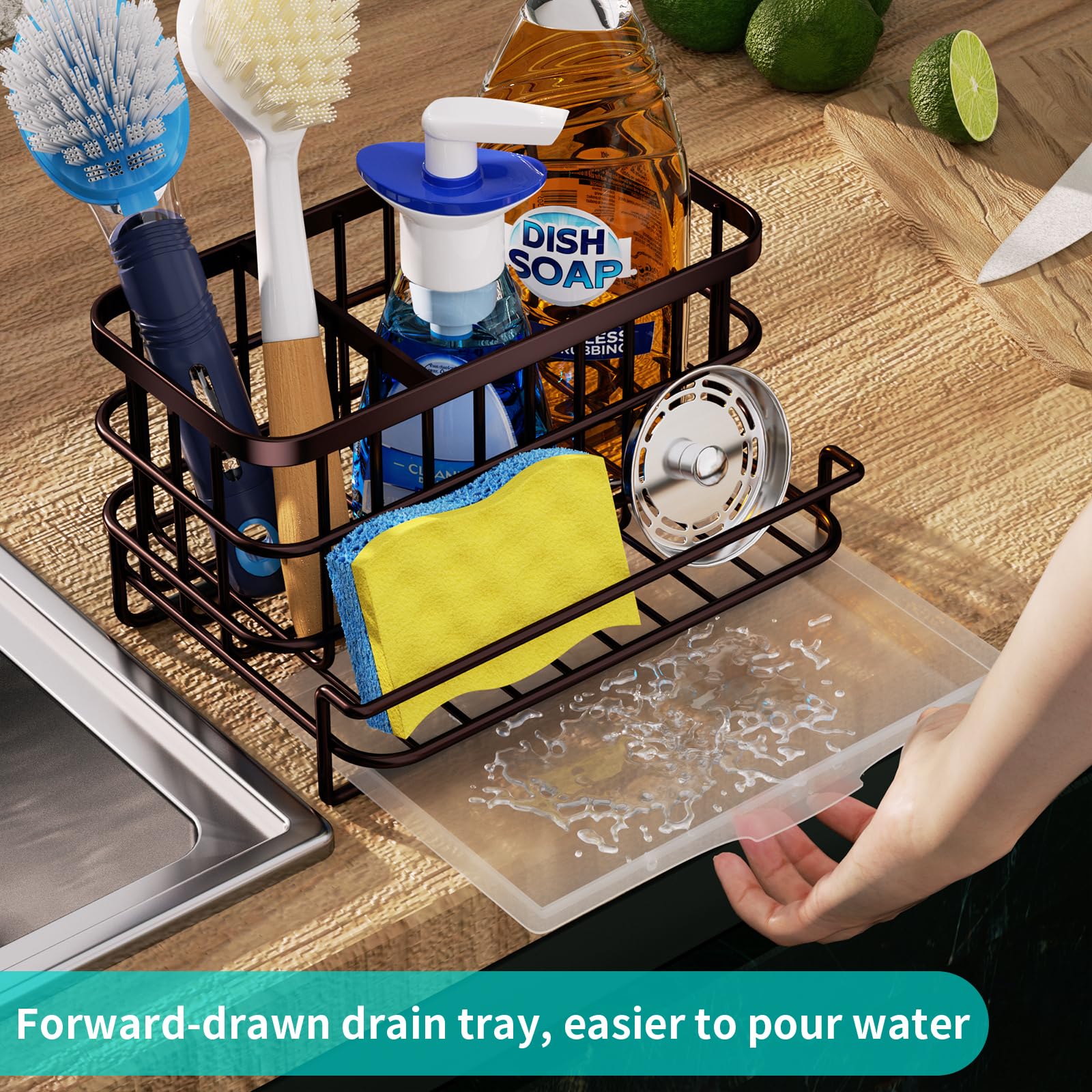 HapiRm Kitchen Sink Organizer, SUS304 Stainless Steel Rustproof Multifunctional Large Sink Caddy with Sponge Holder and Drain Tray for Kitchen Countertop (Silver)