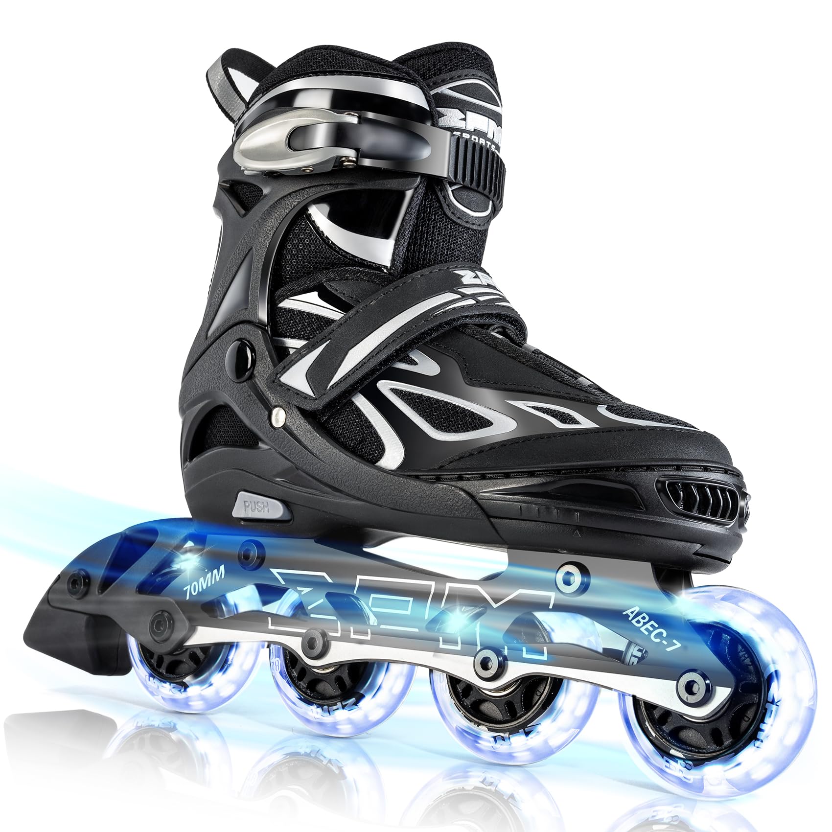 2PM SPORTS Vinal Girls Adjustable Flashing Inline Skates, All Wheels Light Up, Fun Illuminating Skates for Kids Men Adult Women and Boys
