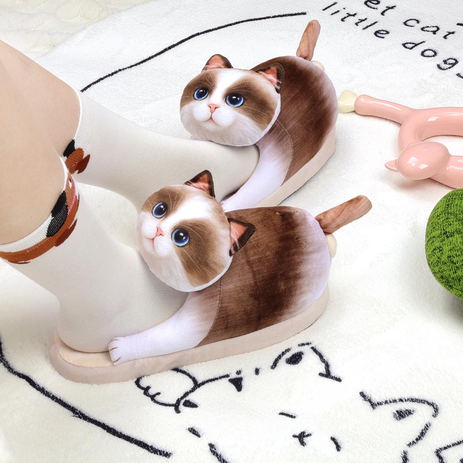 Funny Cat Slippers for Women,Fuzzy Animal Indoor House Shoes with Soft Memory Foam,Comfy Plush Warm Slip-on Slippers,Cat Gifts for Cat Lover