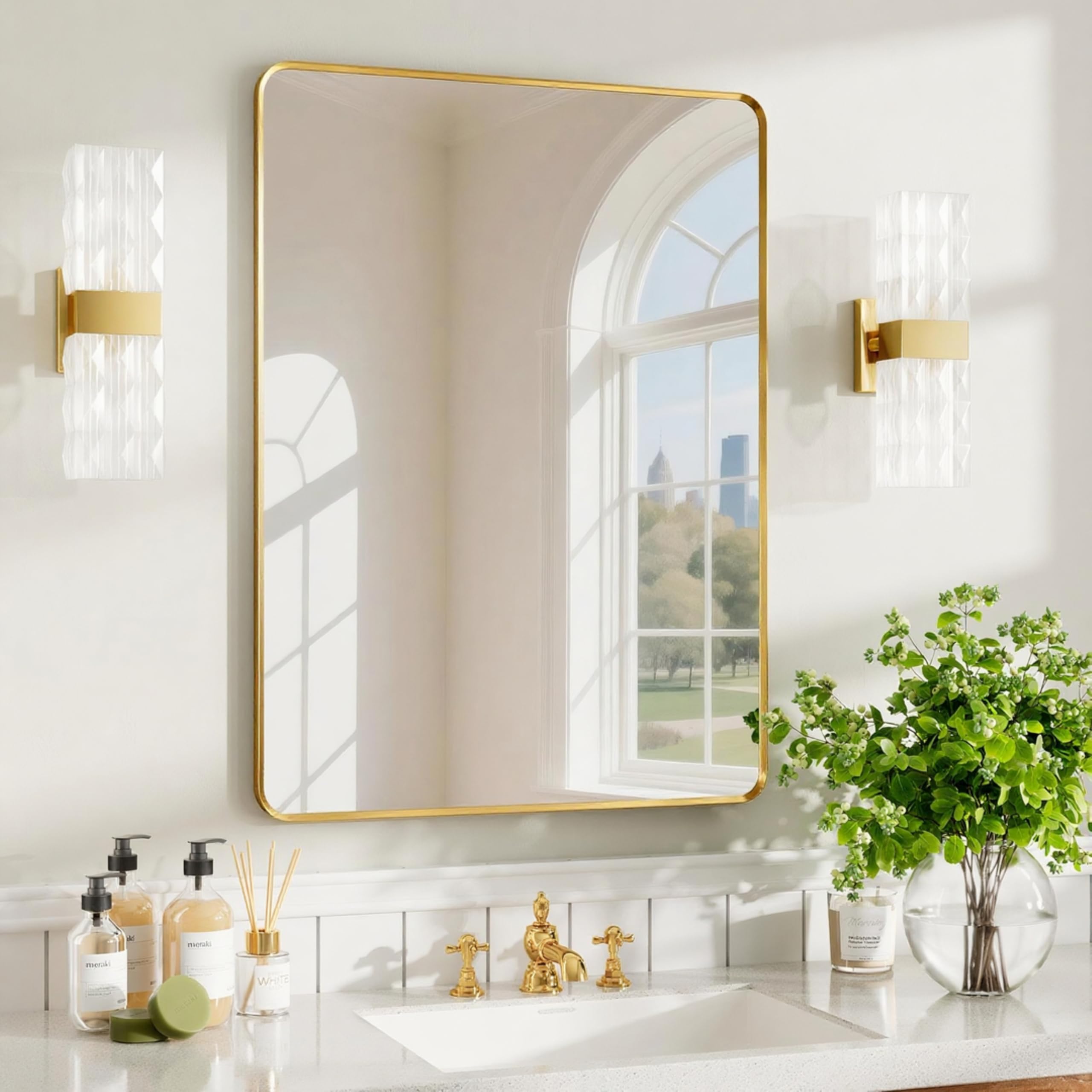 22x30 inch Gold Bathroom Mirror,Rounded Rectangle Gold Metal Framed, HD Tempered Glass, Horizontal or Vertical Hanging, Modern Bathroom Decor
