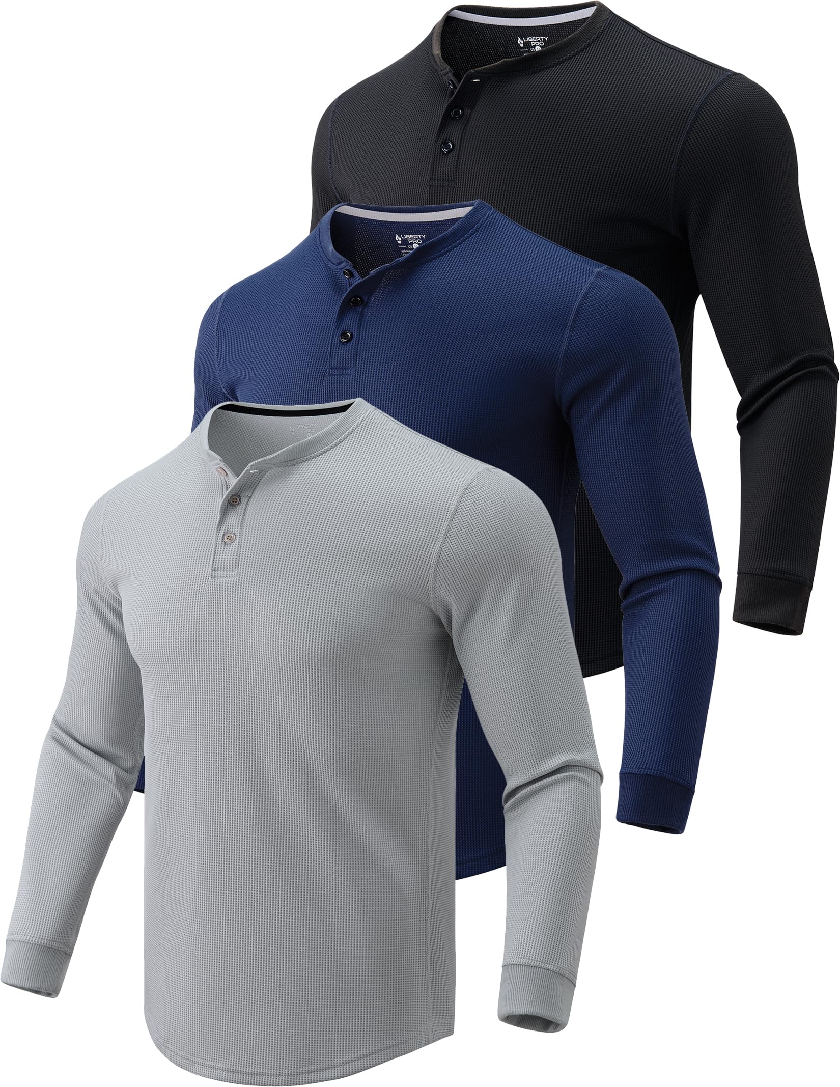 Liberty Pro 3 Pack Mens Waffle Henley Thermal Long Sleeve Shirts, Casual Fitted Fall Shirts for Men