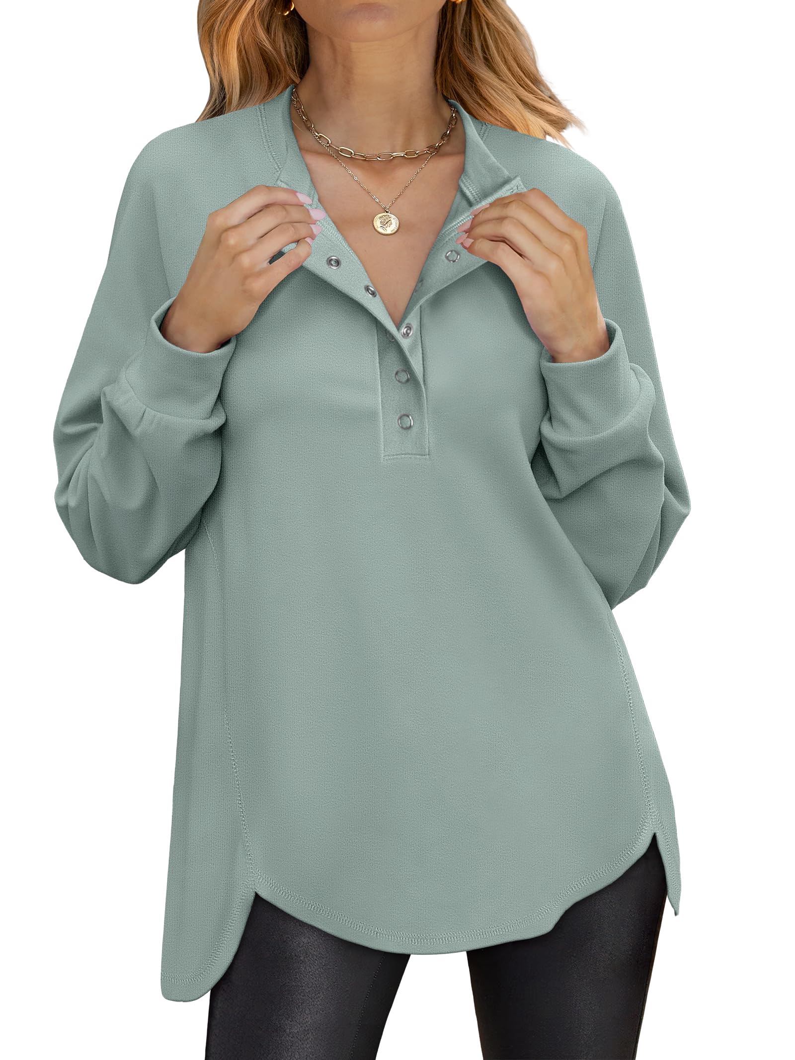 ANRABESS Women's Long Sleeve Henley Oversized Sweatshirts | Button Slit Hem Tunic Tops, Soft Loose Fit Pullover, School Work Office Outfits, Lounge Casual, Fall Winter Clothes