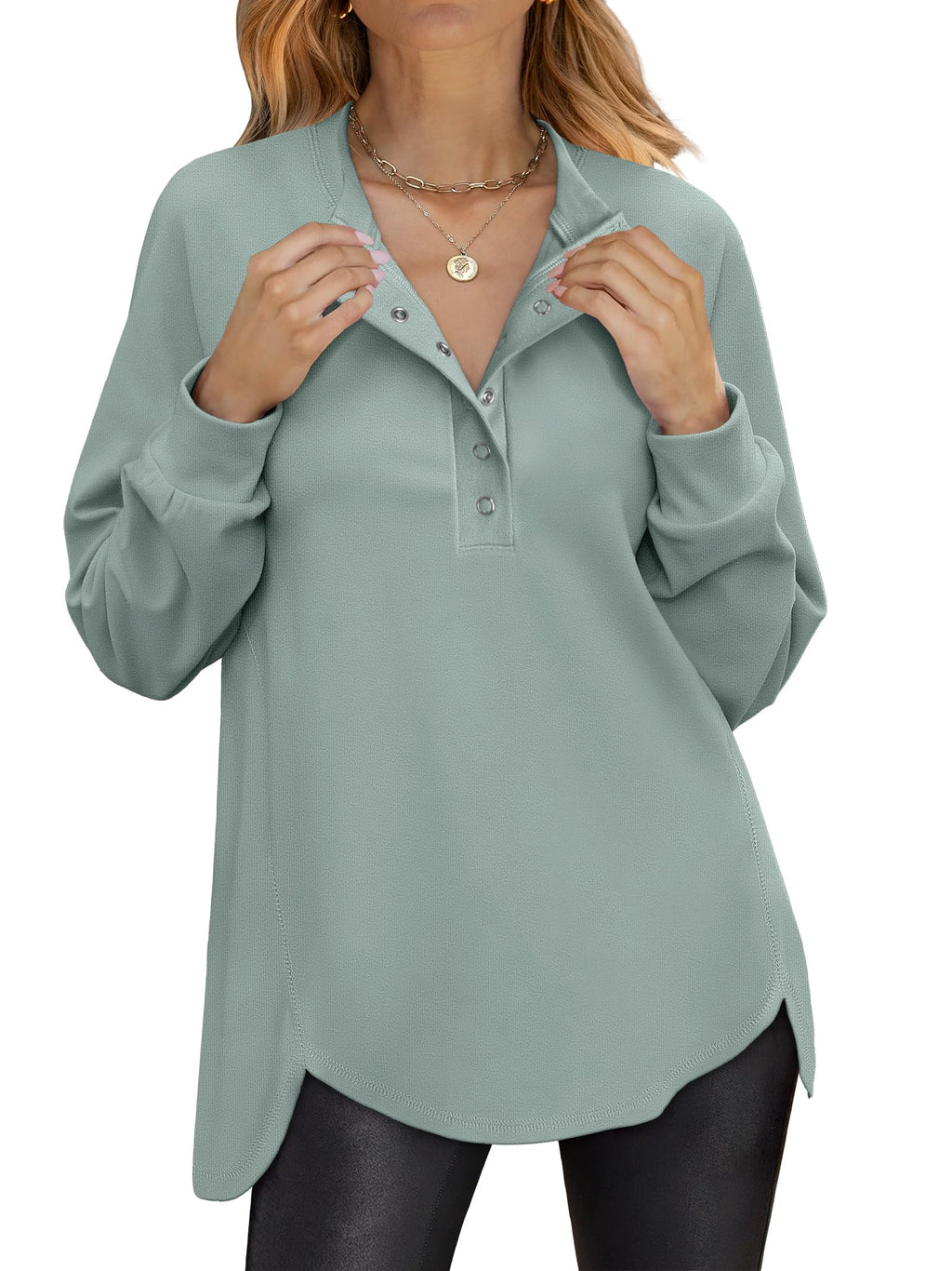 ANRABESS Women's Long Sleeve Henley Oversized Sweatshirts | Button Slit Hem Tunic Tops, Soft Loose Fit Pullover, School Work Office Outfits, Lounge Casual, Fall Winter Clothes
