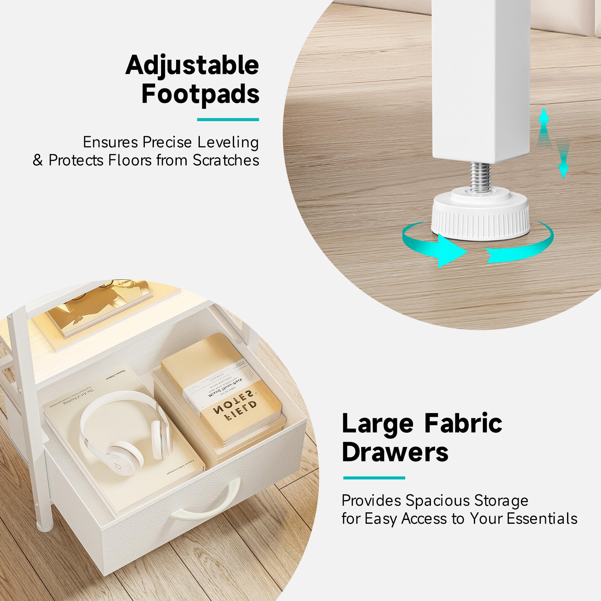Lazzanto Night Stand Bedside Charger Bedroom - Nightstand with Charging Station & LED Light Strip, Night Stand with Storage Shelf & 2 Fabric Drawers, Morden End Table with U-S-B Ports & AC Outlets